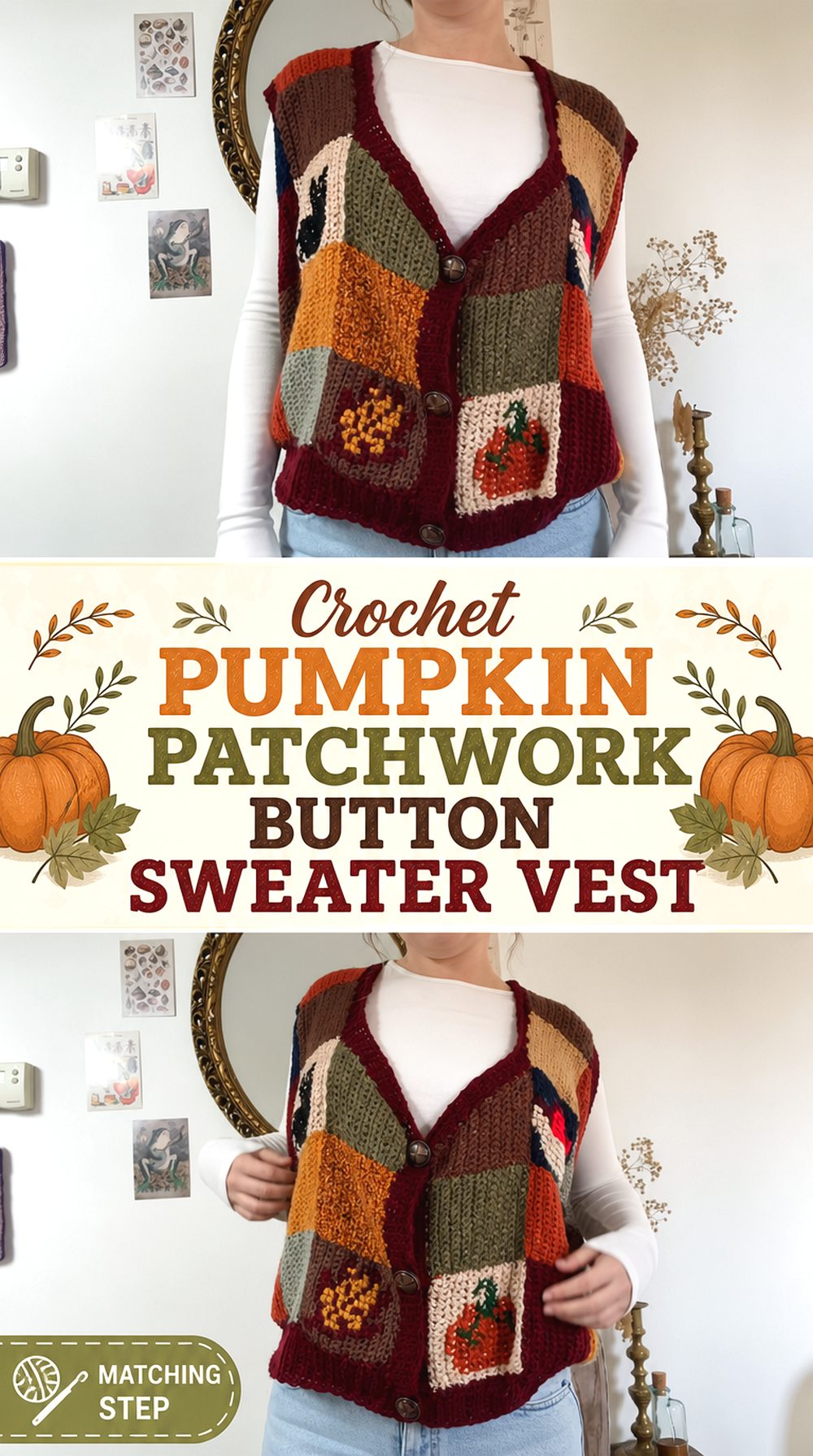Crochet Pumpkin Patchwork Button Sweater Vest