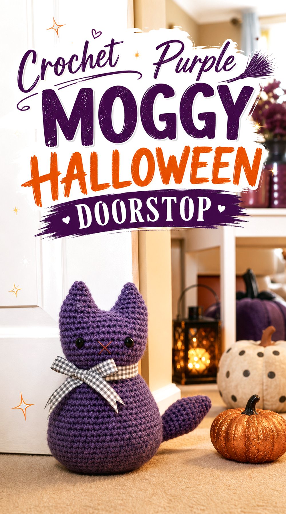 Crochet Purple Moggy Halloween Doorstop