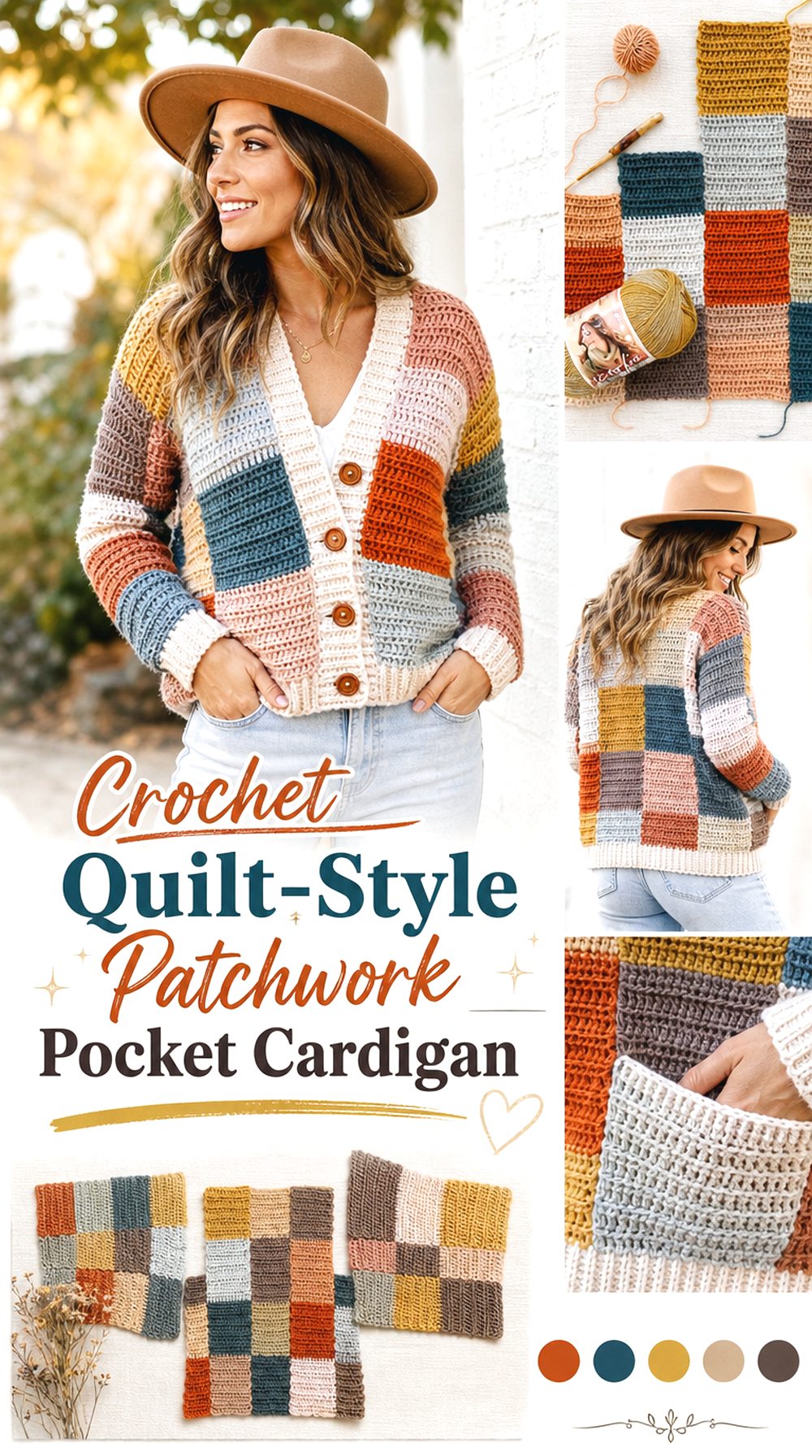 Crochet Quilt Style Patchwork Pocket Cardigan