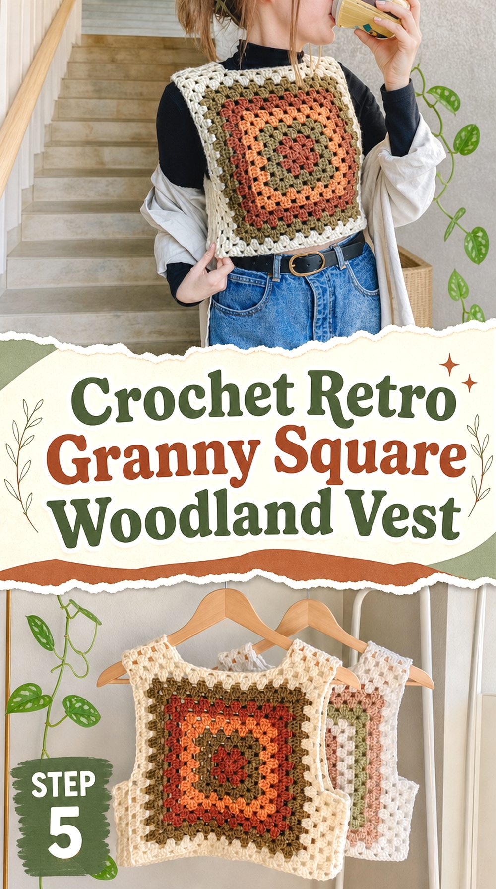 Crochet Retro Granny Square Woodland Vest