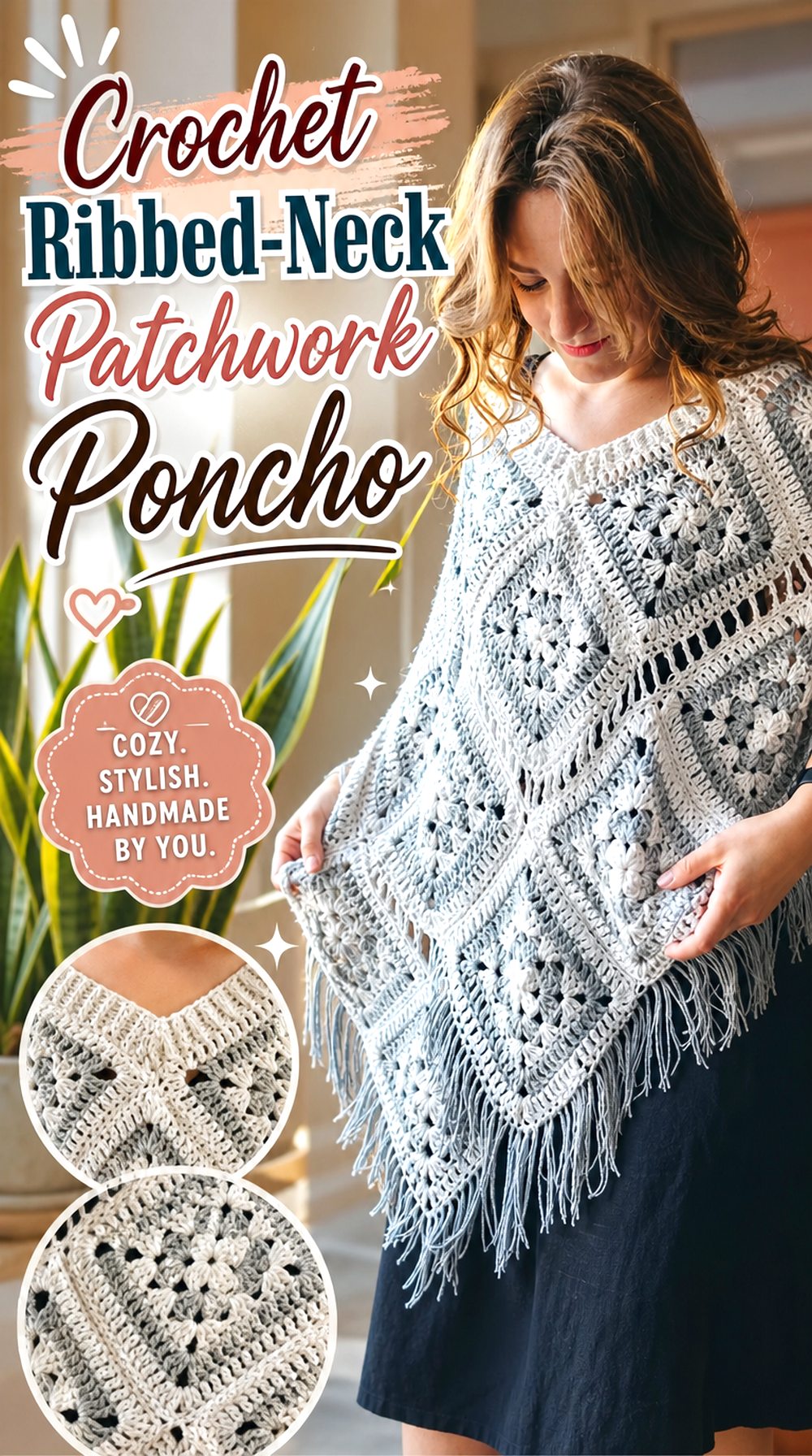 Crochet Ribbed Neck Patchwork Poncho