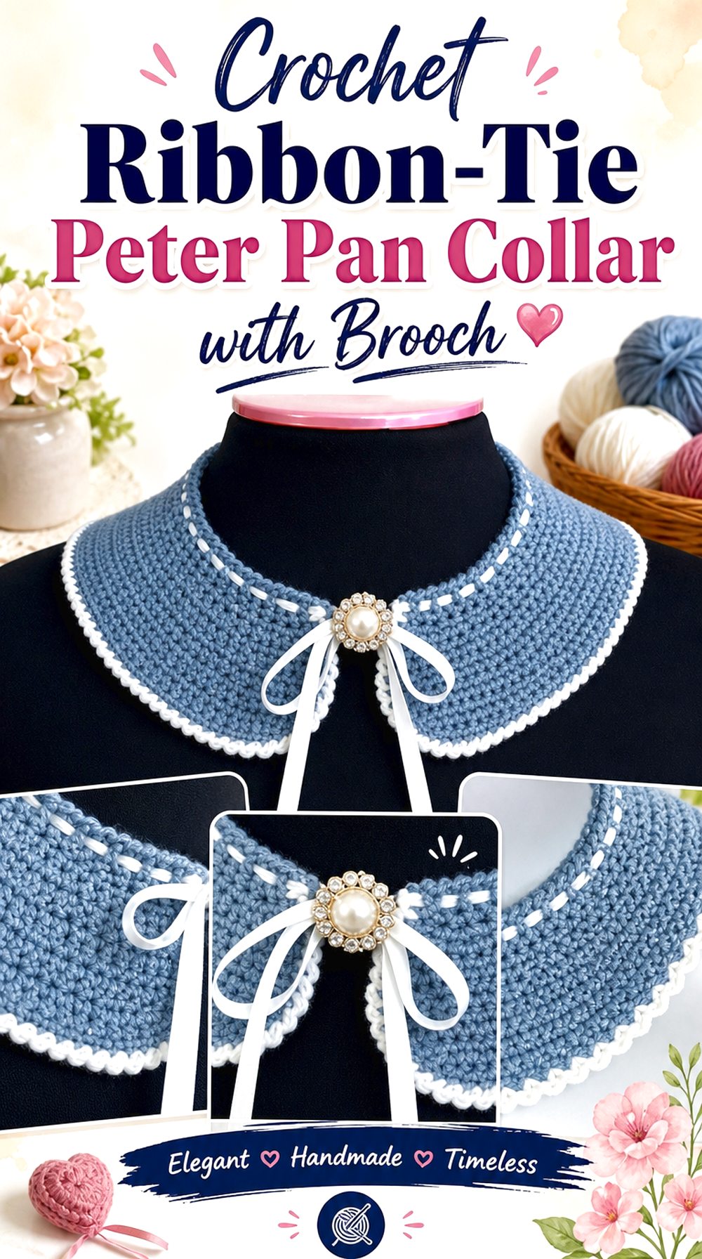 Crochet Ribbon Tie Peter Pan Collar with Brooch