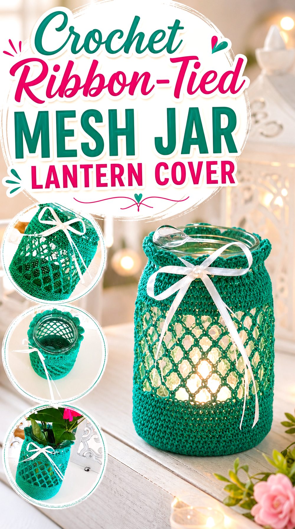 Crochet Ribbon Tied Mesh Jar Lantern Cover
