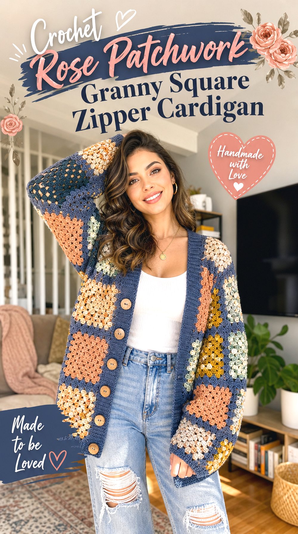 Crochet Rose Patchwork Granny Square Zipper Cardigan