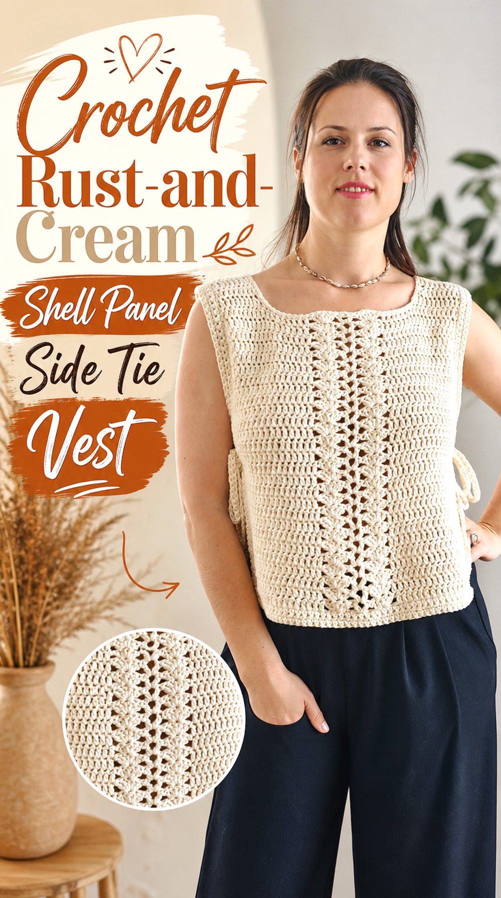 Crochet Rust and Cream Shell Panel Side Tie Vest