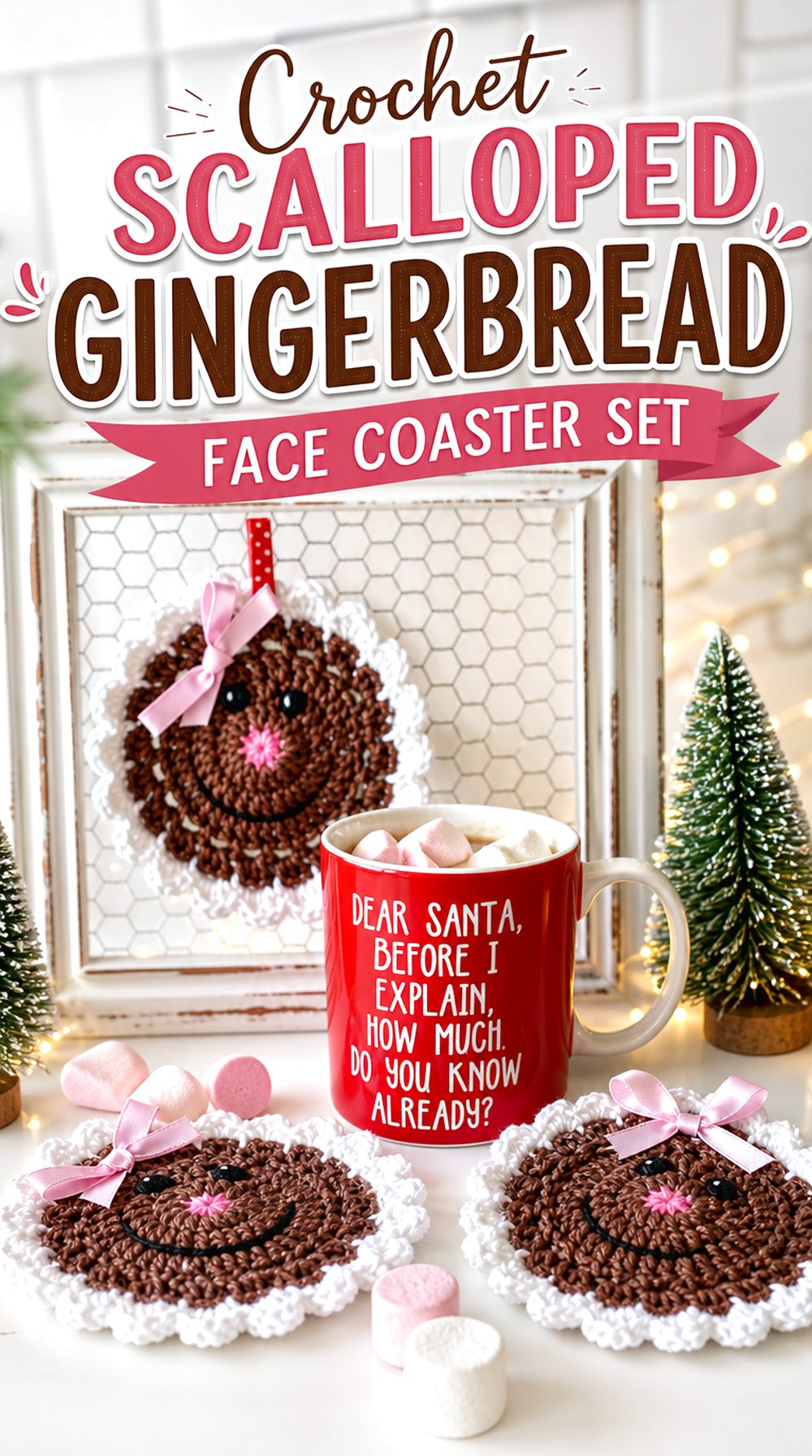 Crochet Scalloped Gingerbread Face Coaster Set