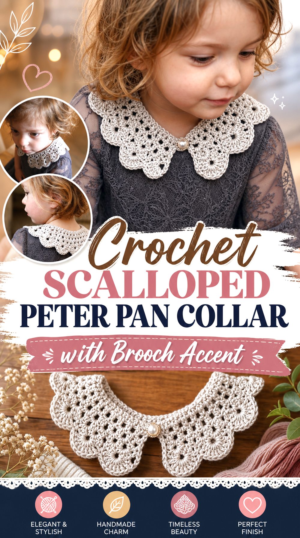 Crochet Scalloped Peter Pan Collar with Brooch Accent