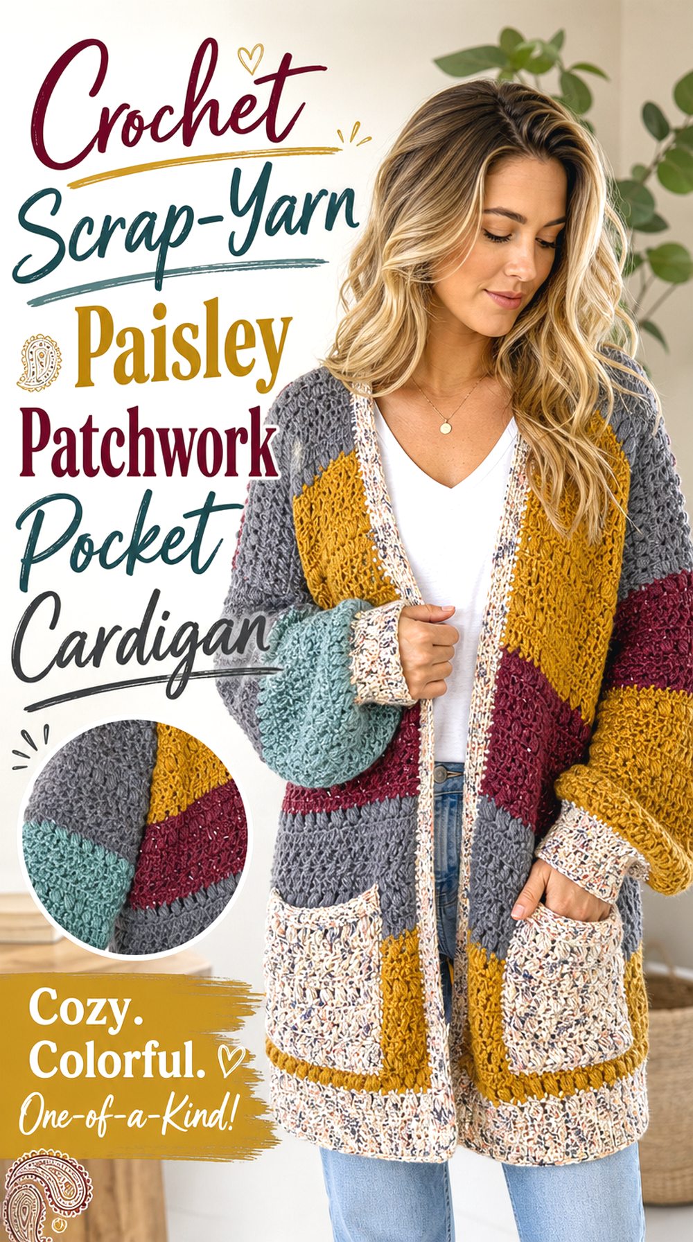 Crochet Scrap Yarn Paisley Patchwork Pocket Cardigan