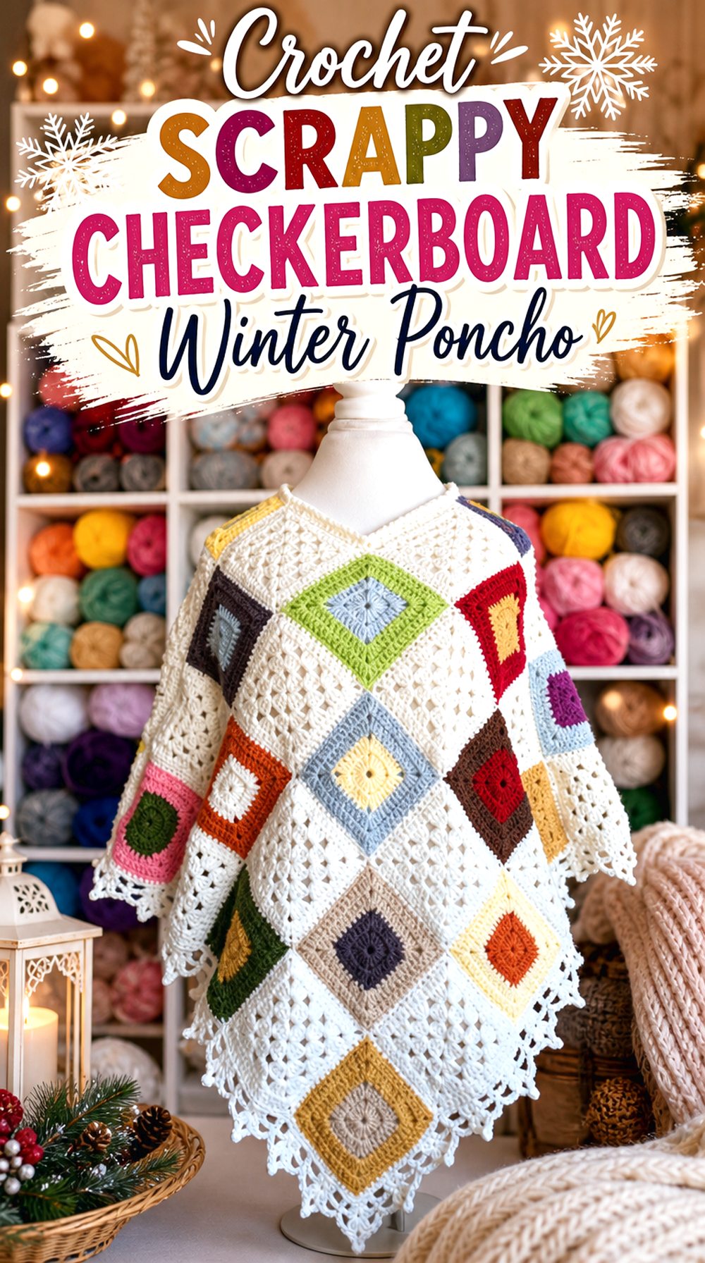 Crochet Scrappy Checkerboard Winter Poncho