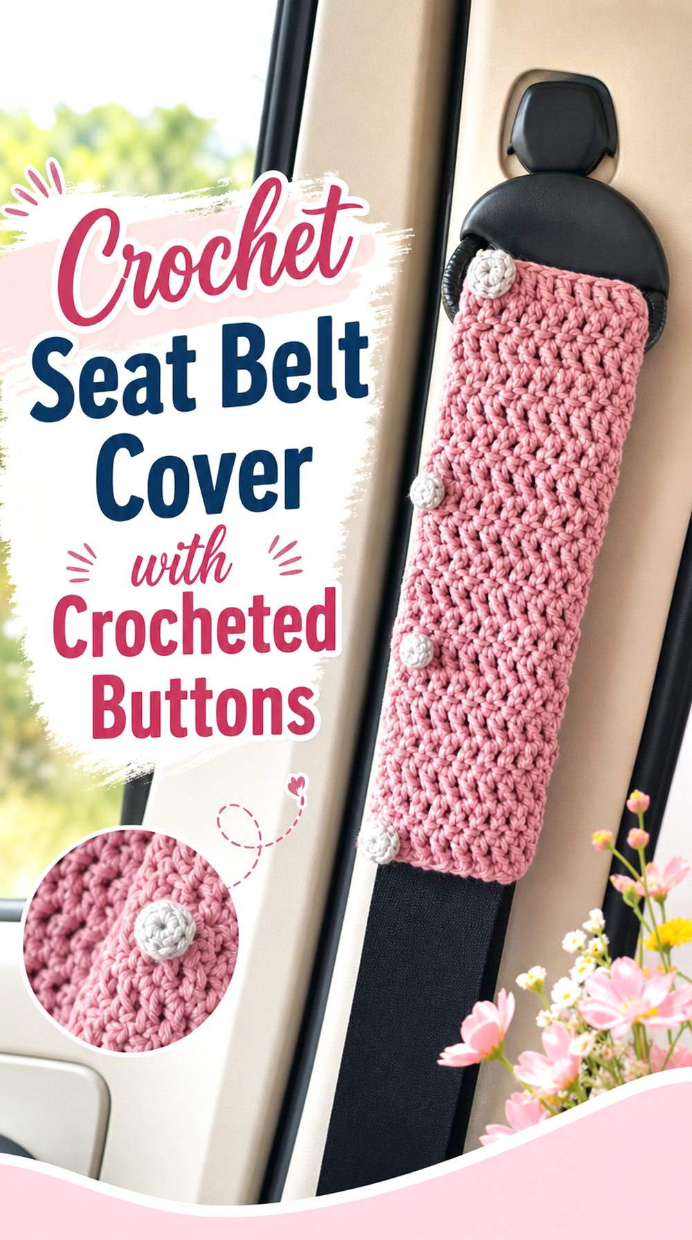 Crochet Seat Belt Cover with Crocheted Buttons