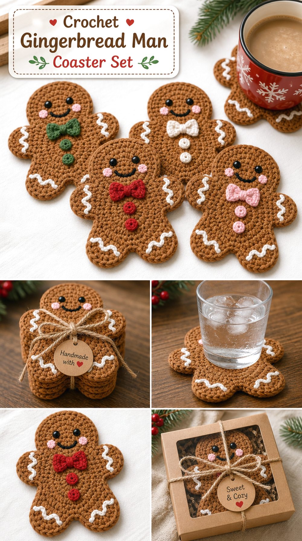 Crochet Shaped Gingerbread Man Coaster Set