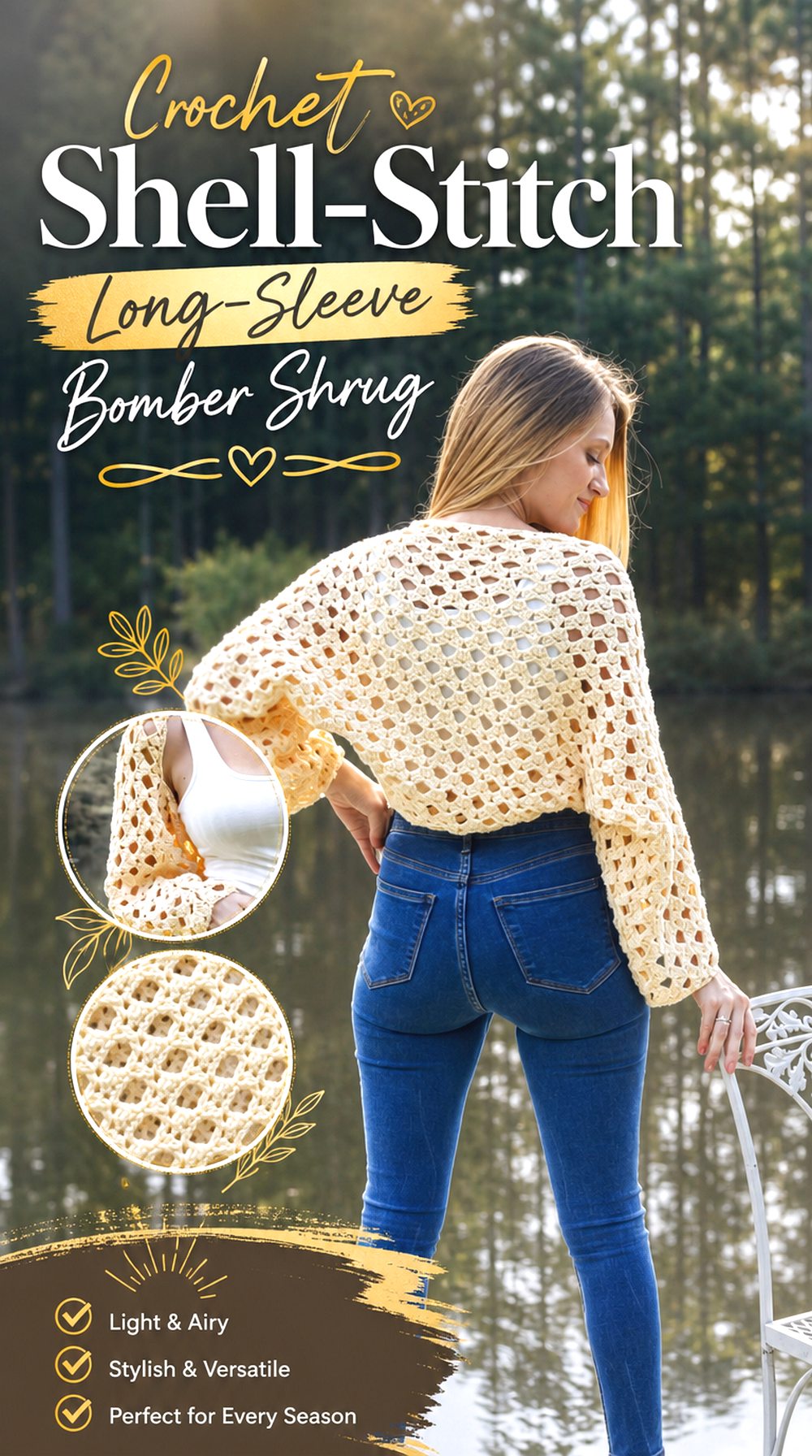 Crochet Shell Stitch Long Sleeve Bomber Shrug