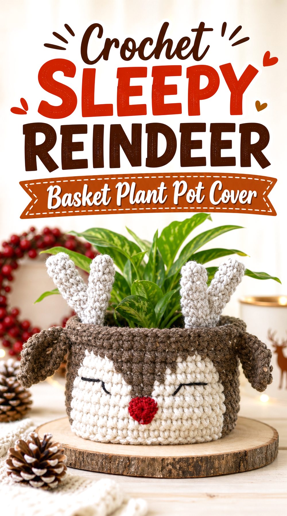 Crochet Sleepy Reindeer Basket Plant Pot Cover