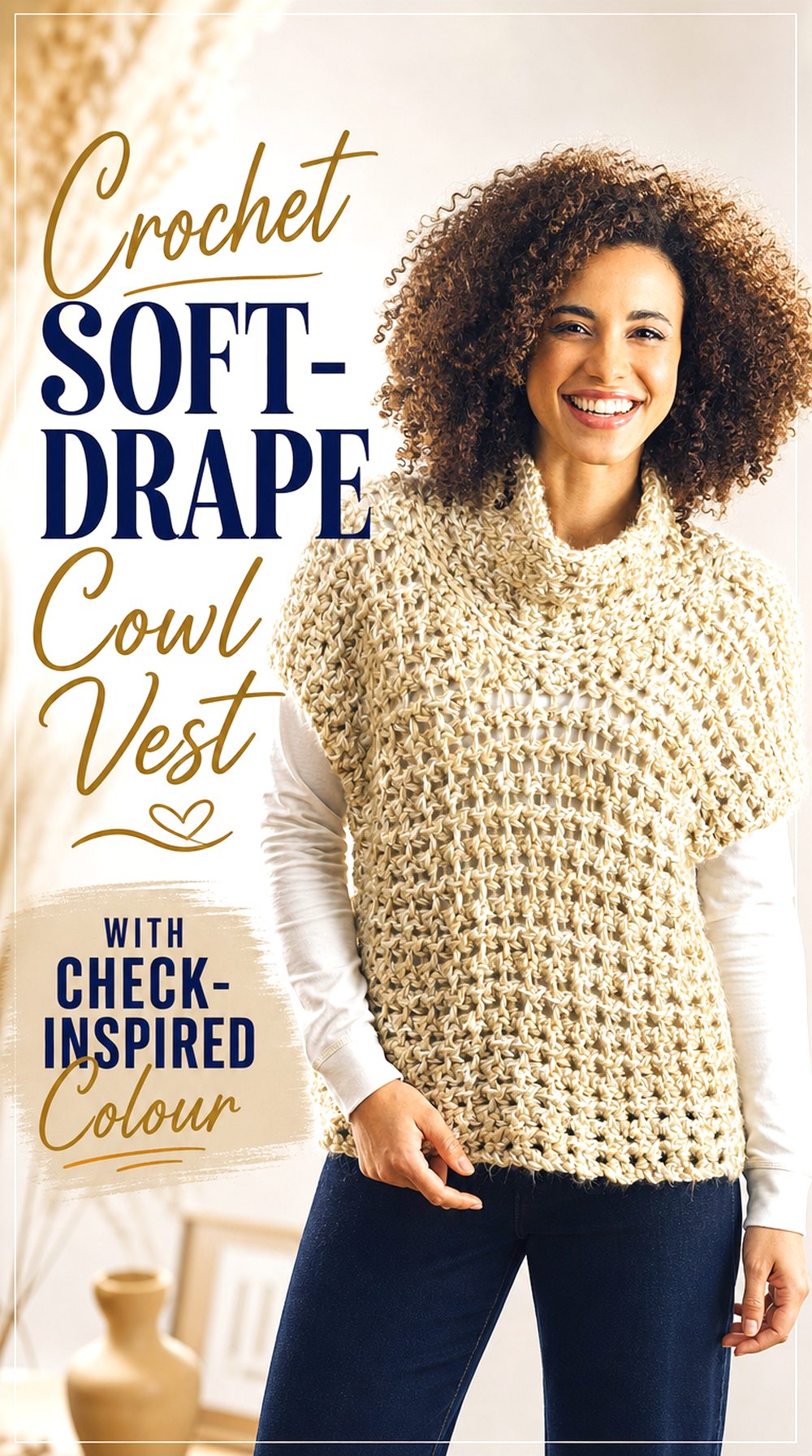 Crochet Soft Drape Cowl Vest with Check Inspired Colour