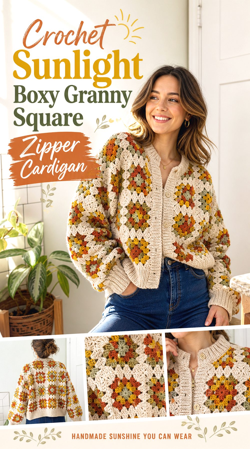 Crochet Sunlight Boxy Granny Square Zipper Cardigan