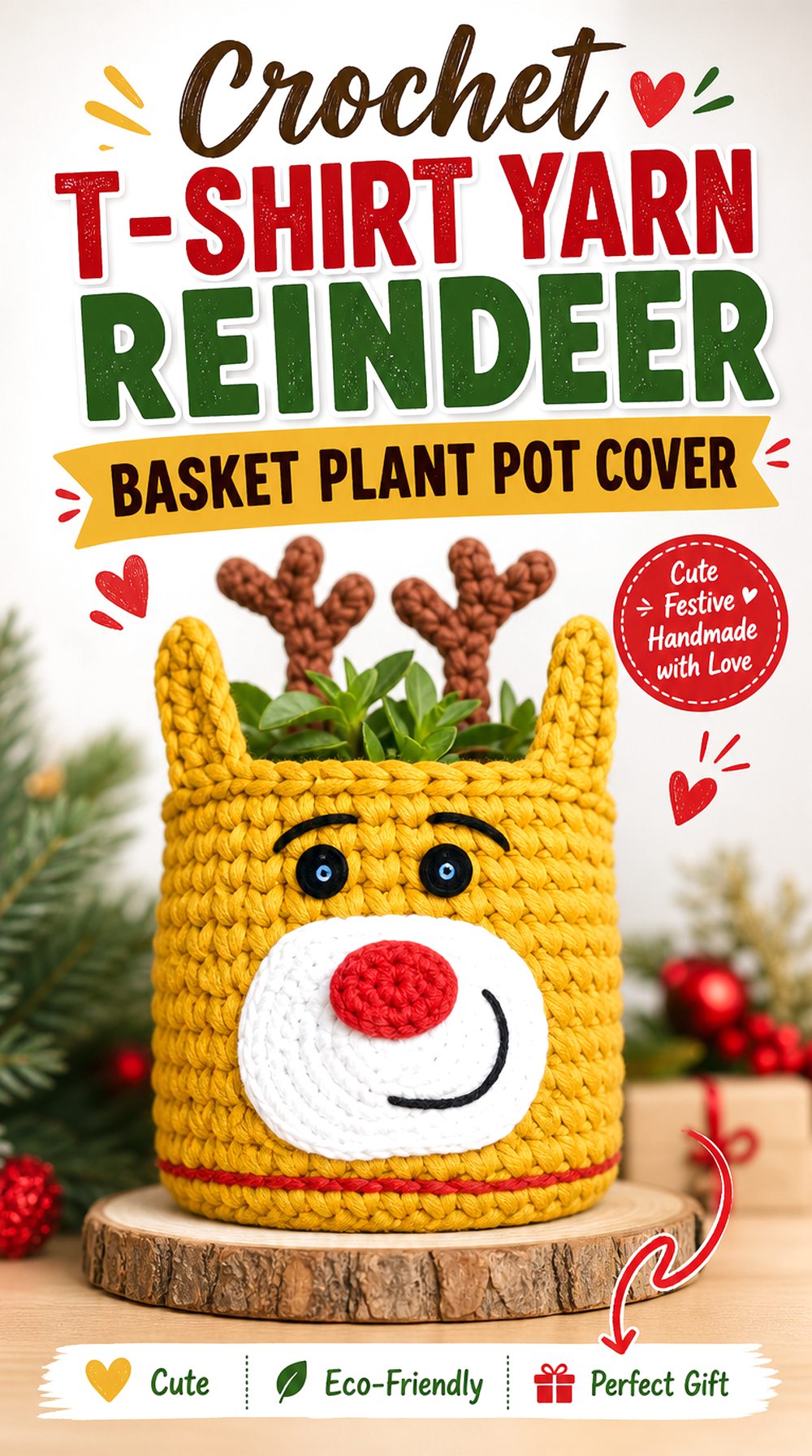 Crochet T Shirt Yarn Reindeer Basket Plant Pot Cover