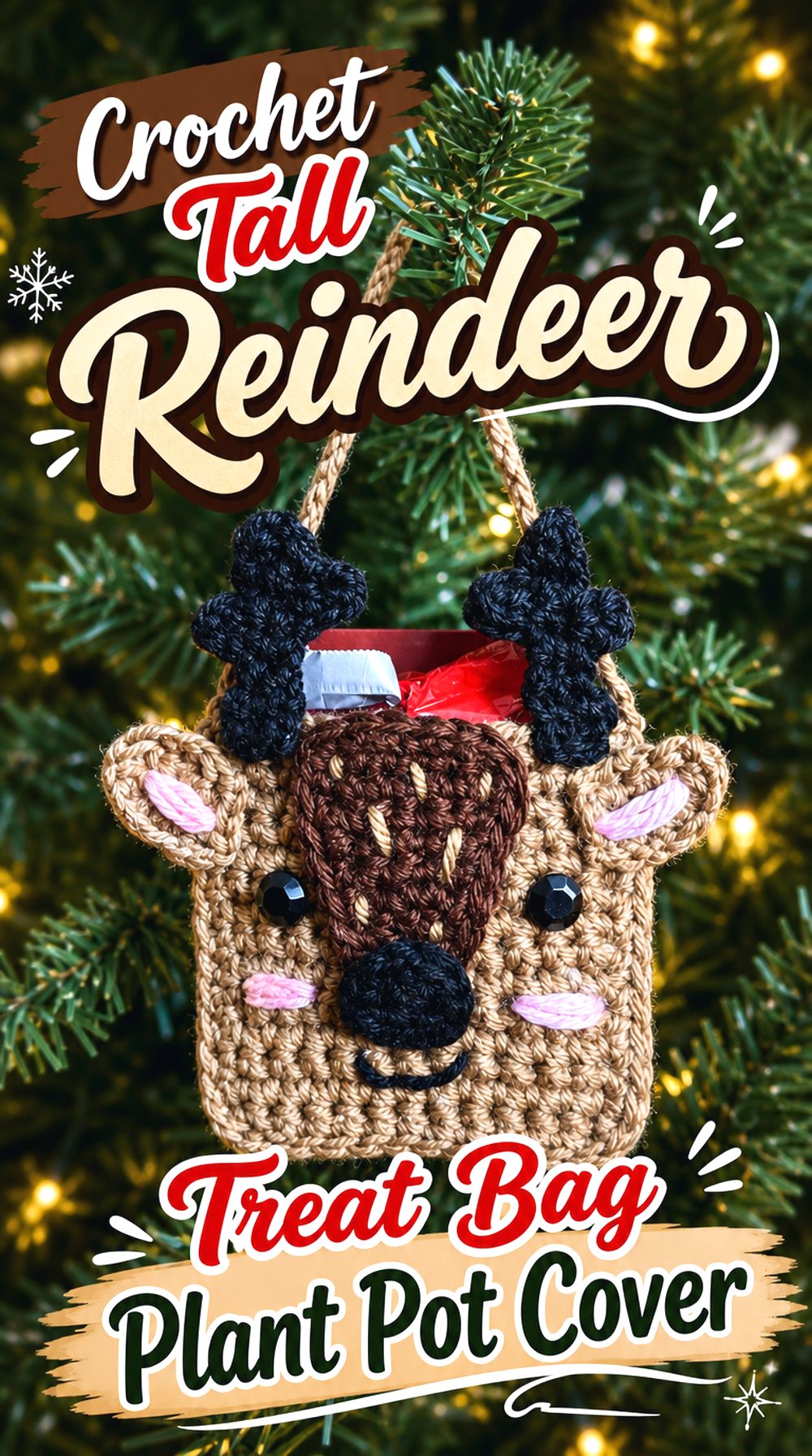 Crochet Tall Reindeer Treat Bag Plant Pot Cover