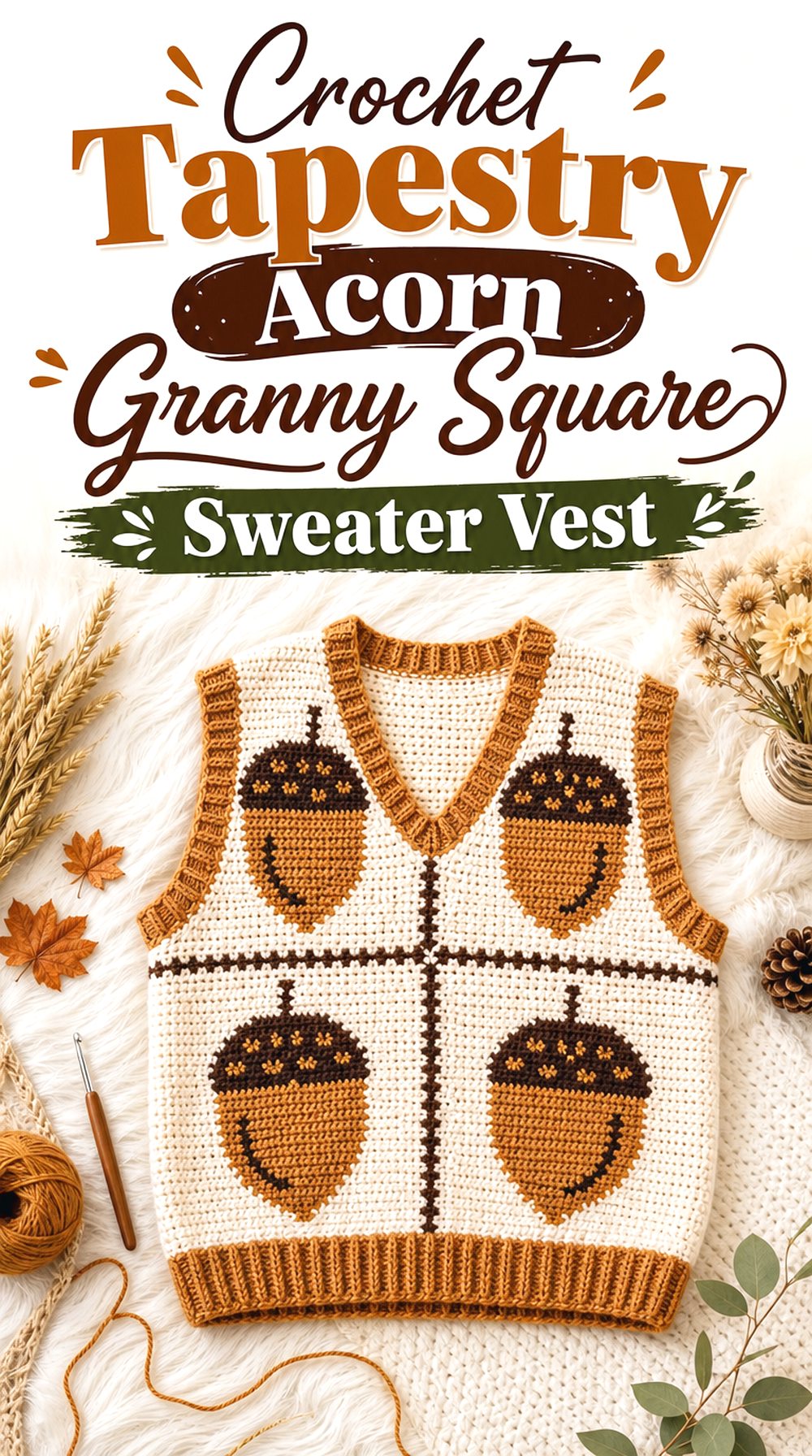 Crochet Tapestry Acorn Granny Square Sweater Vest