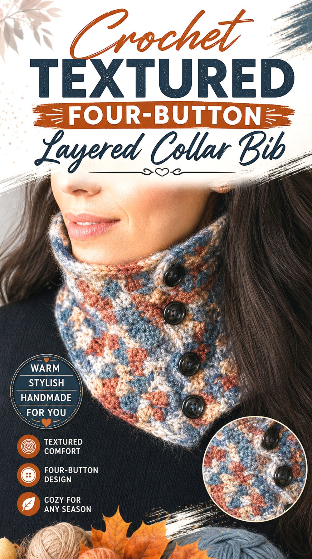 Crochet Textured Four Button Layered Collar Bib