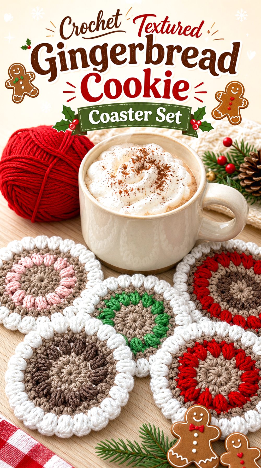 Crochet Textured Gingerbread Cookie Coaster Set