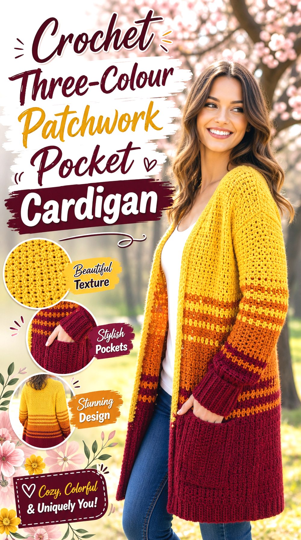 Crochet Three Colour Patchwork Pocket Cardigan