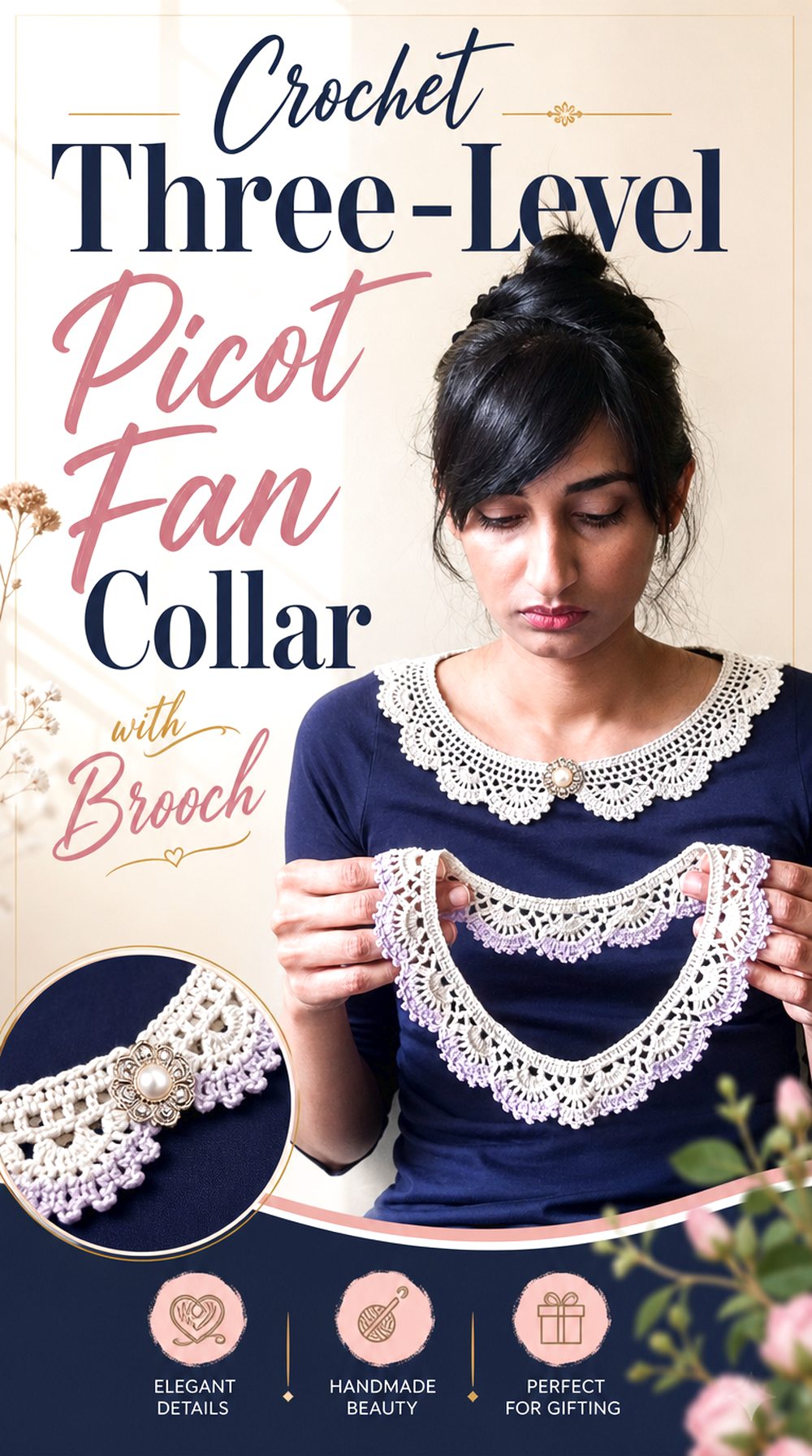 Crochet Three Level Picot Fan Collar with Brooch