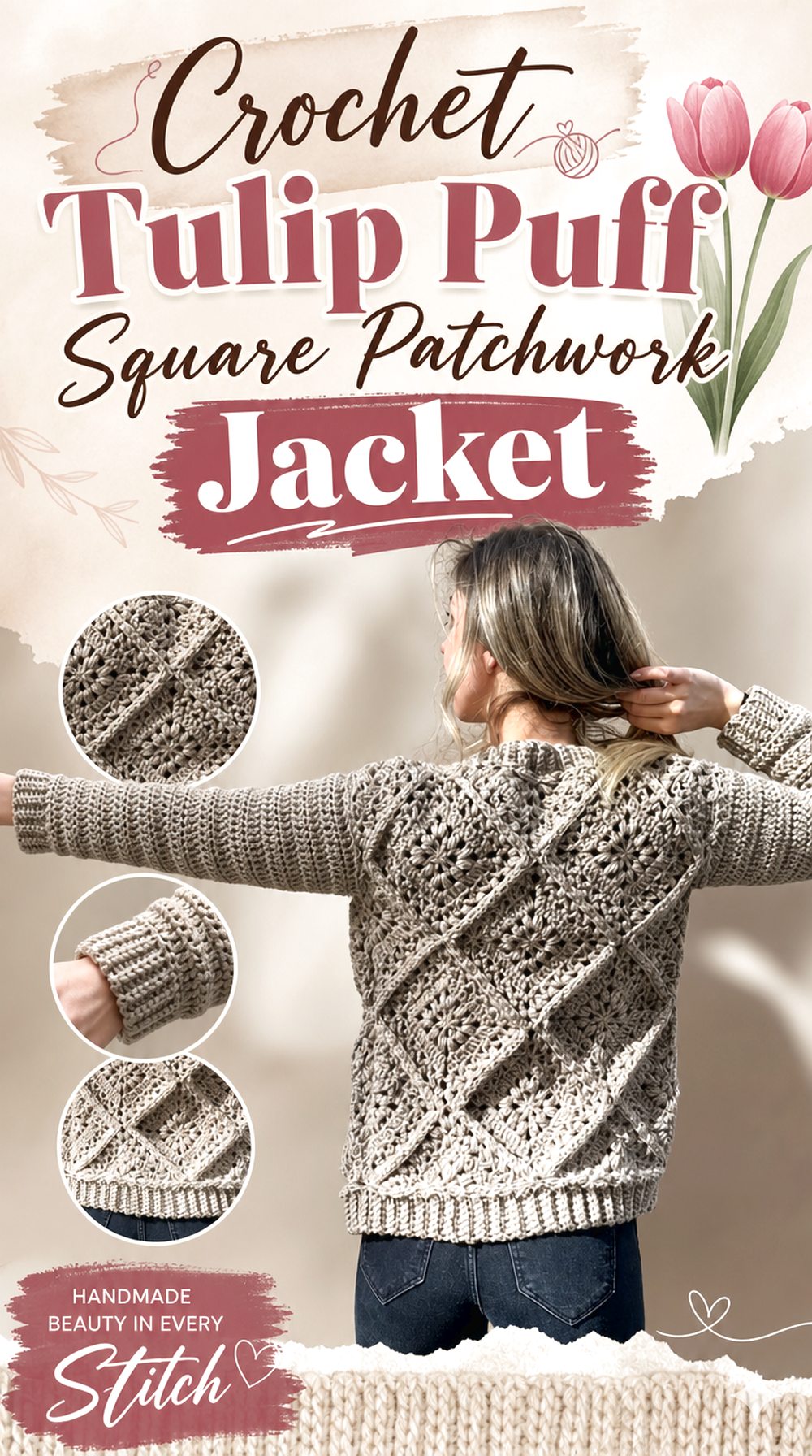 Crochet Tulip Puff Square Patchwork Jacket