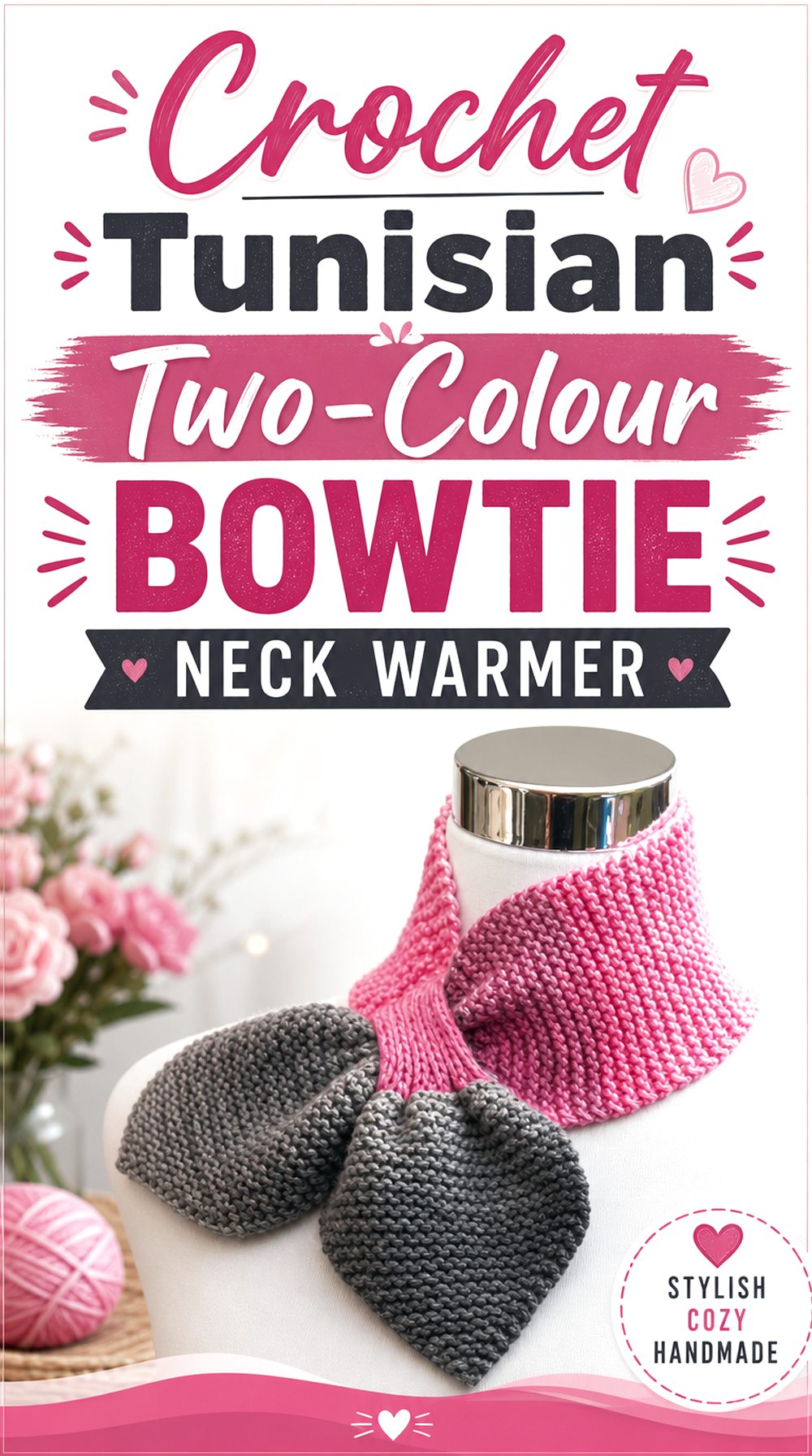 Crochet Tunisian Two Colour Bowtie Neck Warmer