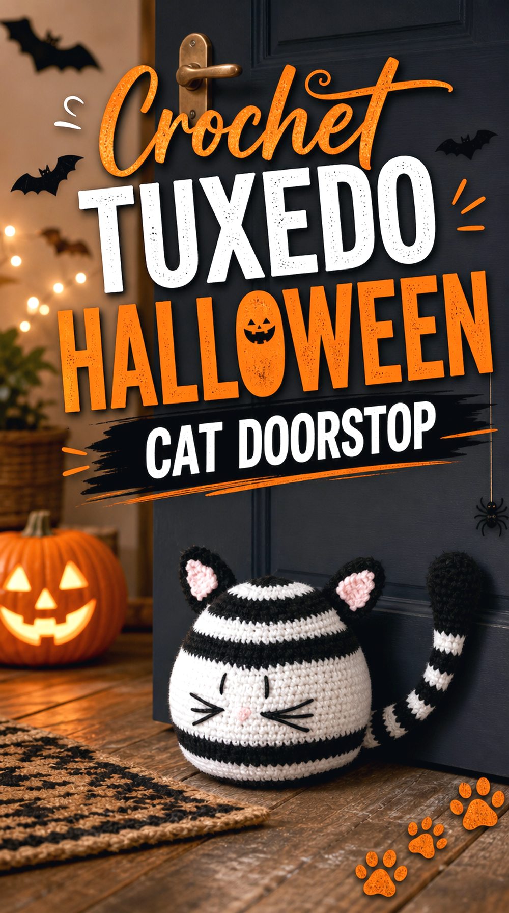 Crochet Tuxedo Halloween Cat Doorstop