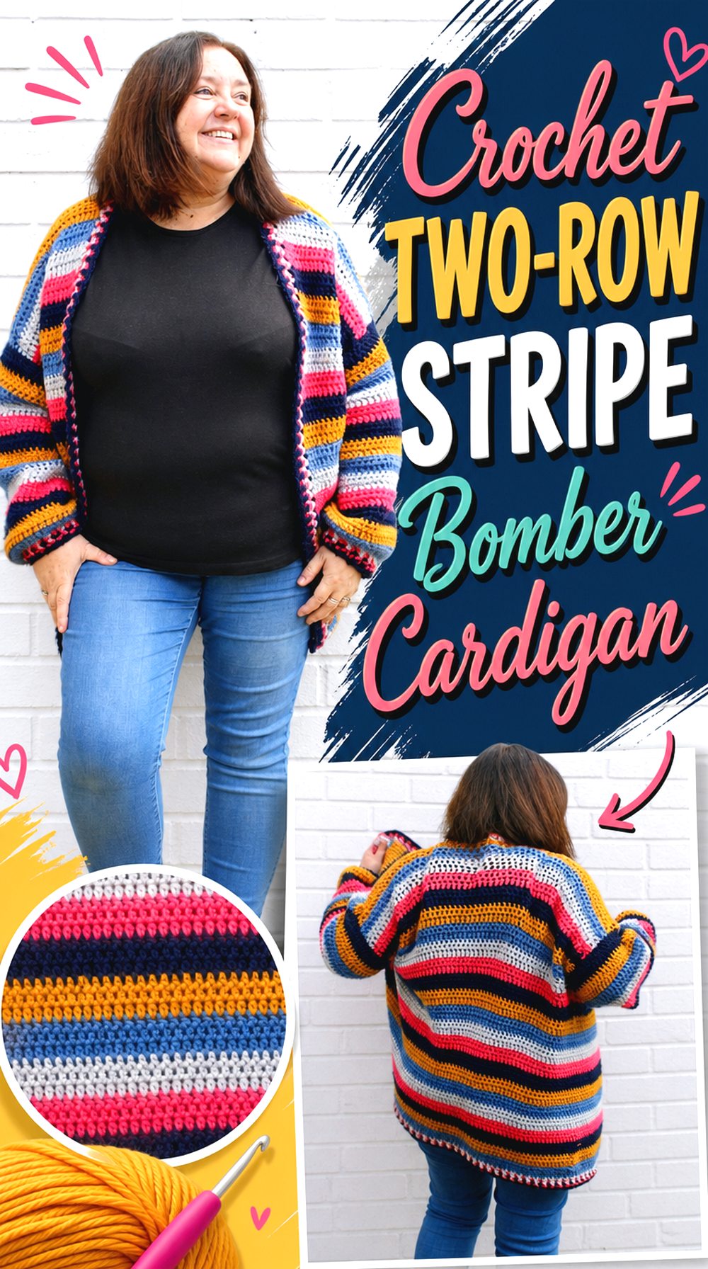 Crochet Two Row Stripe Bomber Cardigan