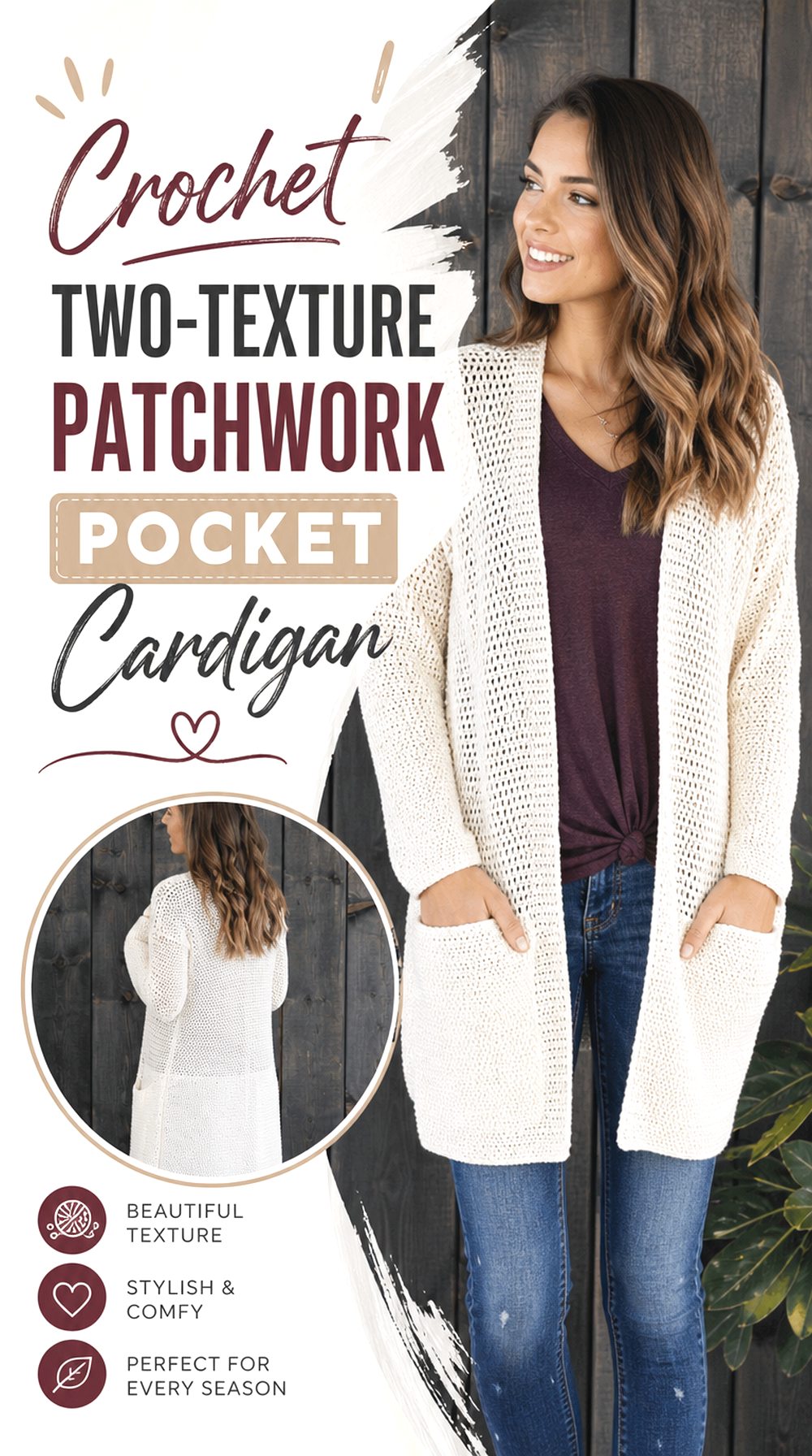 Crochet Two Texture Patchwork Pocket Cardigan