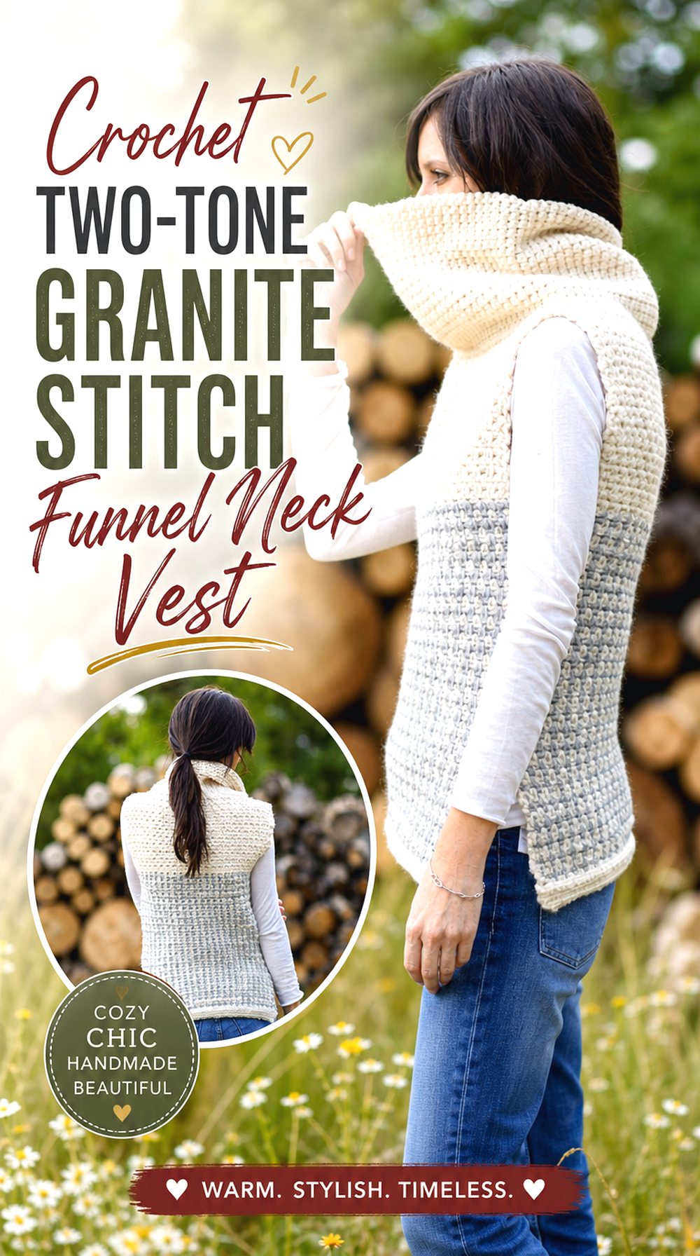 Crochet Two Tone Granite Stitch Funnel Neck Vest