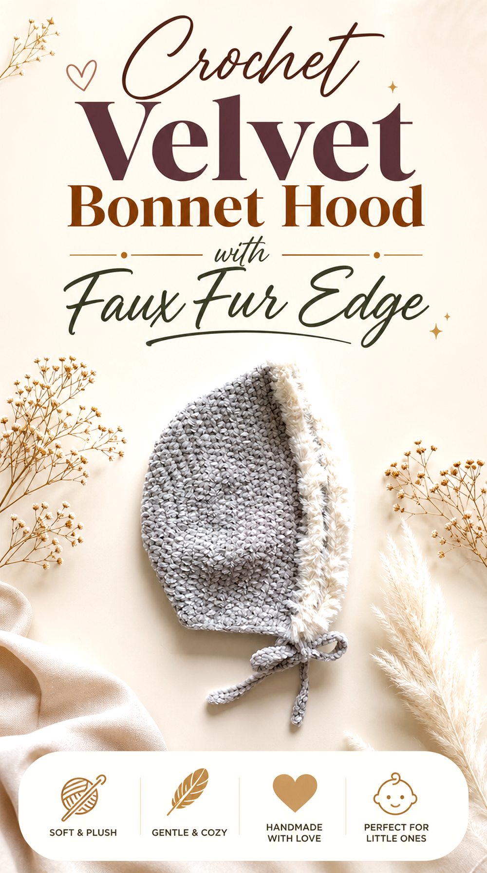 Crochet Velvet Bonnet Hood with Faux Fur Edge