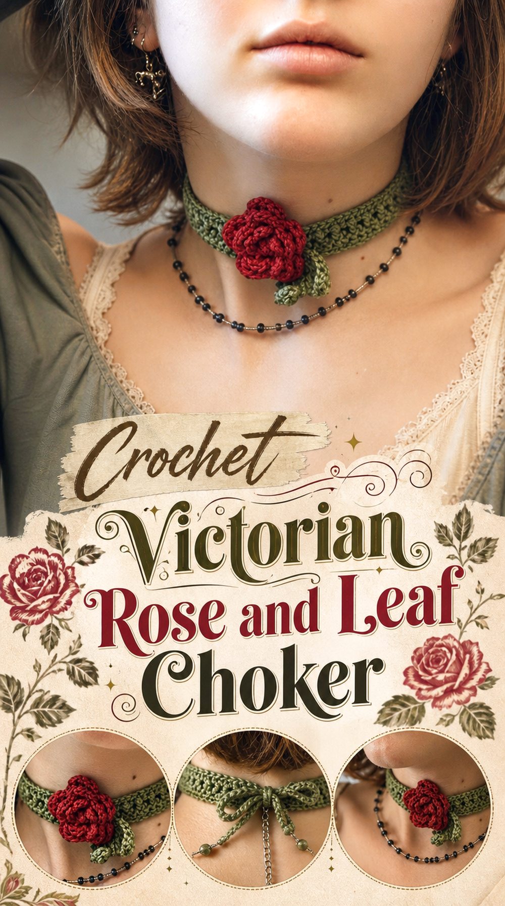 Crochet Victorian Rose and Leaf Choker