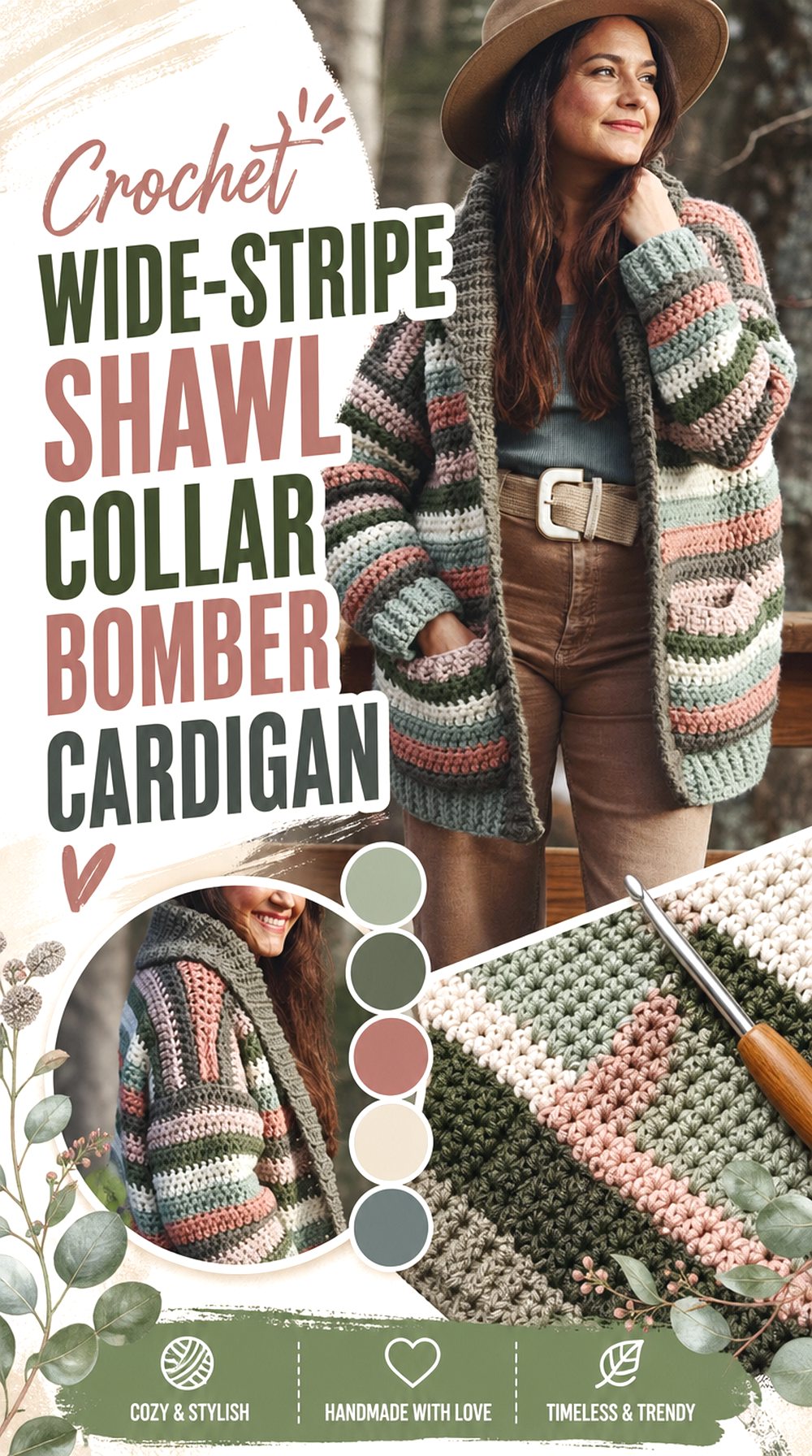 Crochet Wide Stripe Shawl Collar Bomber Cardigan