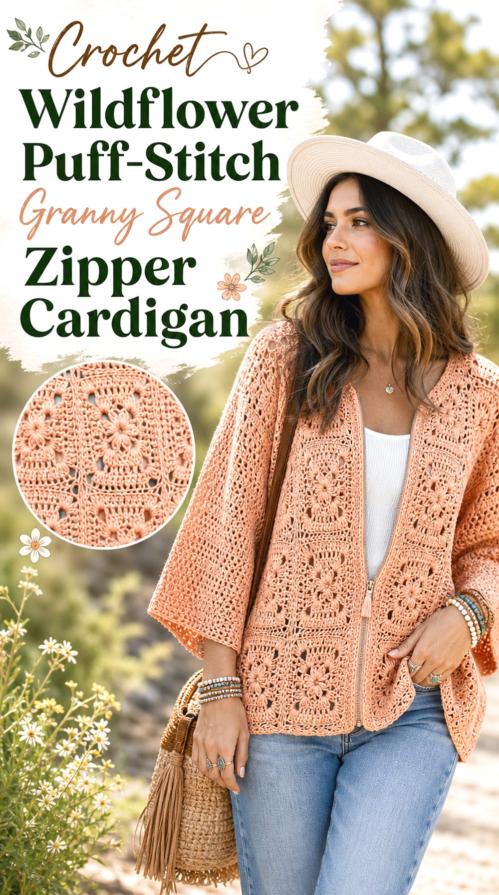 Crochet Wildflower Puff Stitch Granny Square Zipper Cardigan