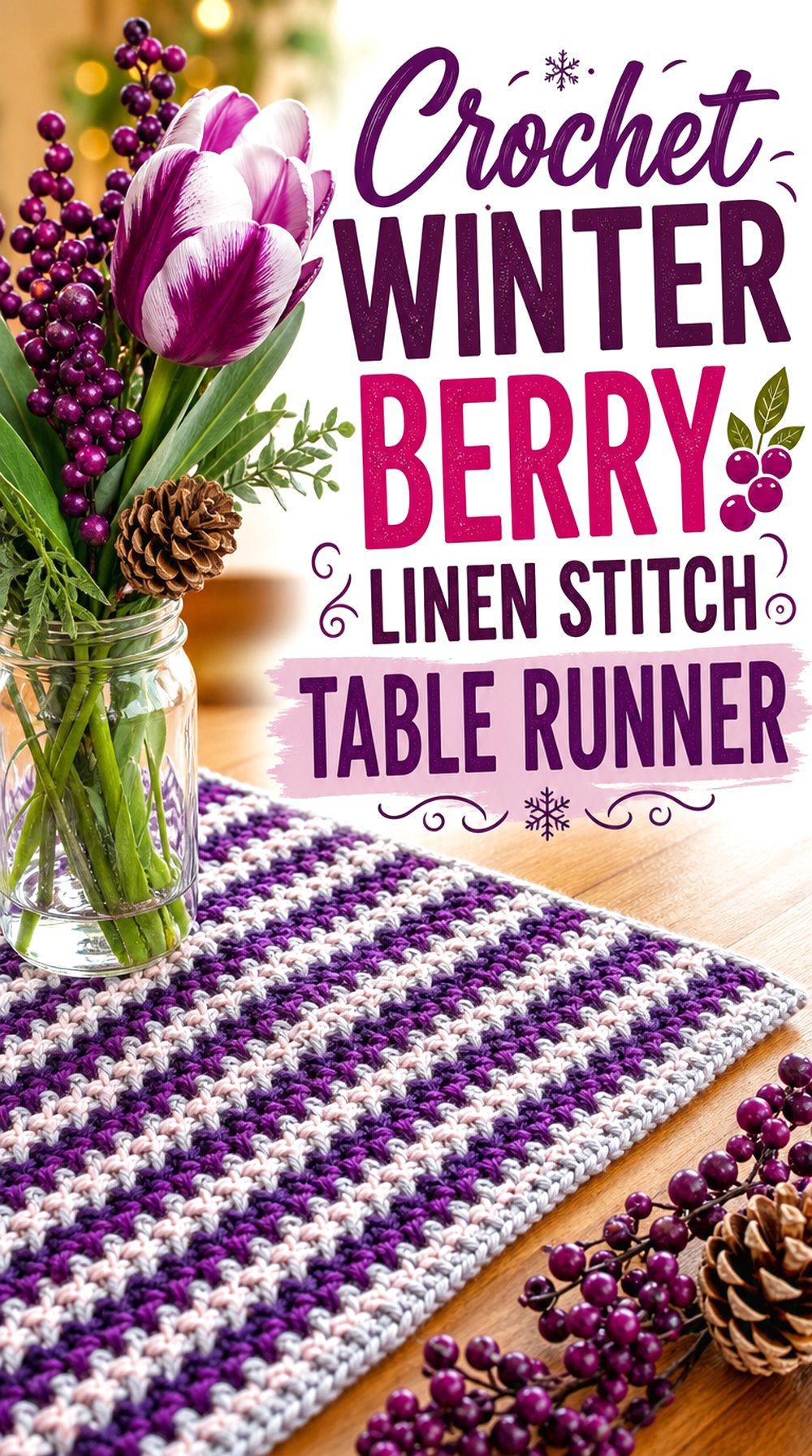 Crochet Winter Berry Linen Stitch Table Runner