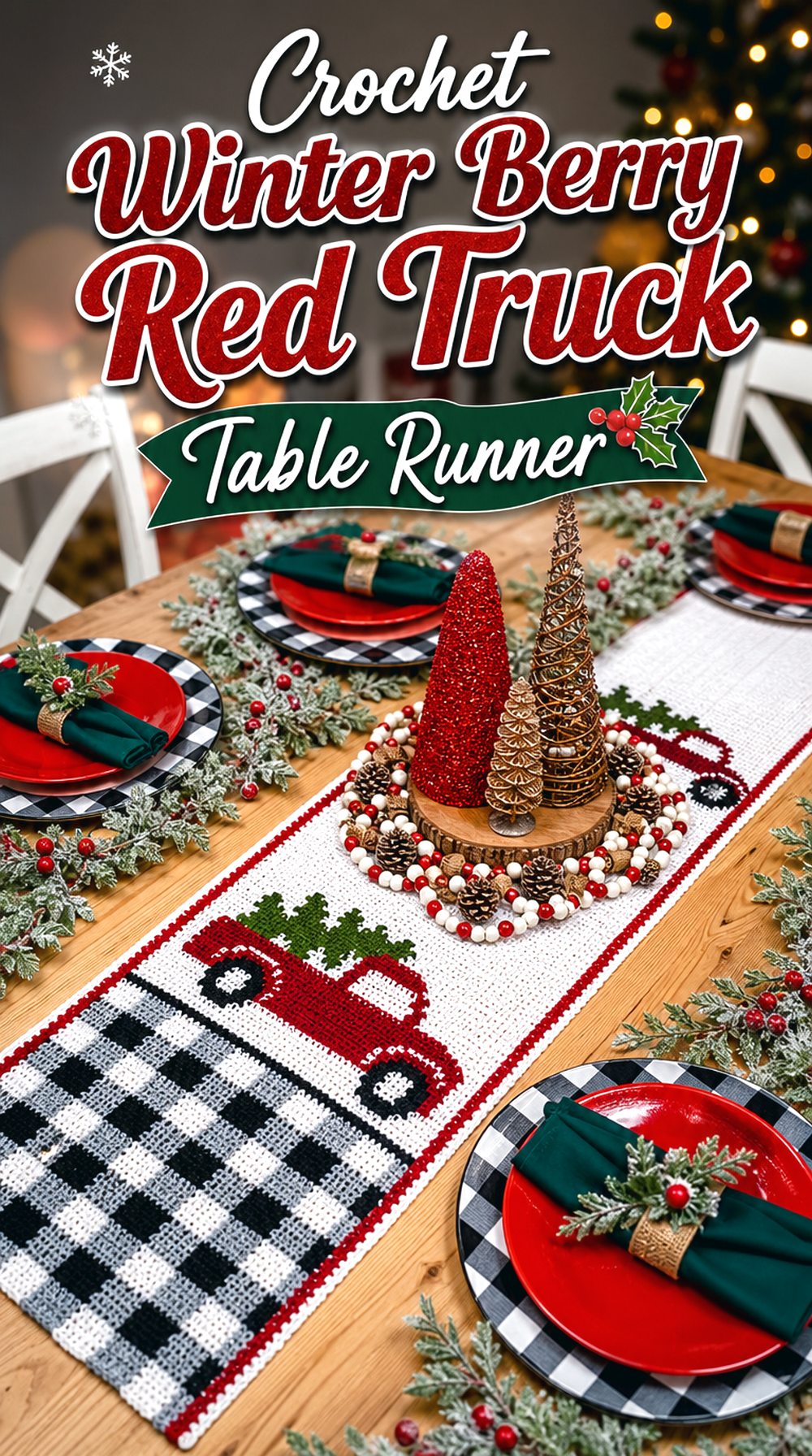 Crochet Winter Berry Red Truck Table Runner