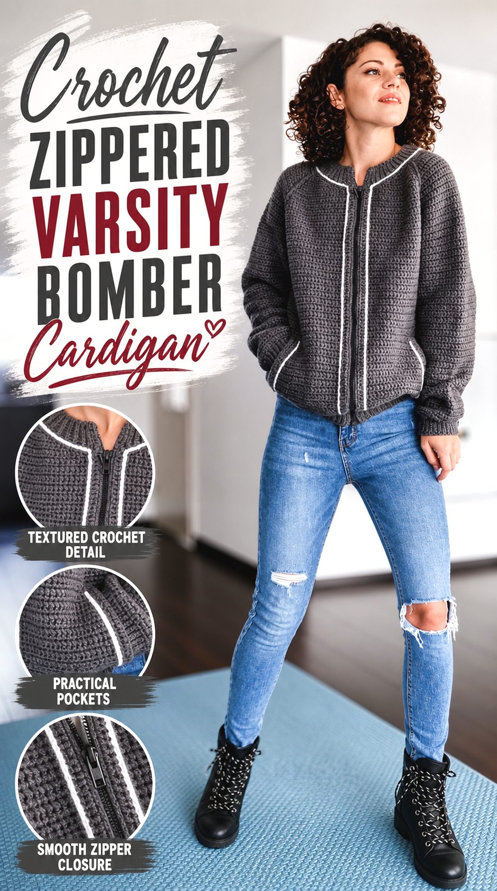 Crochet Zippered Varsity Bomber Cardigan