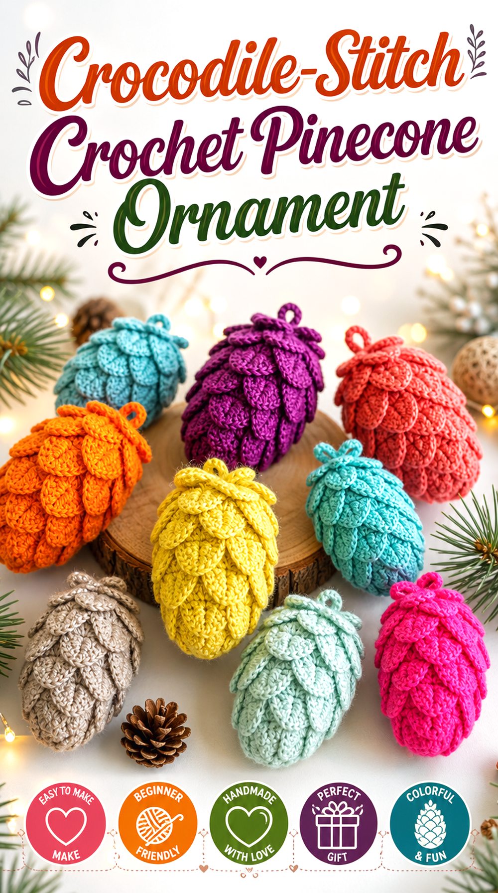 Crocodile Stitch Crochet Pinecone Ornament
