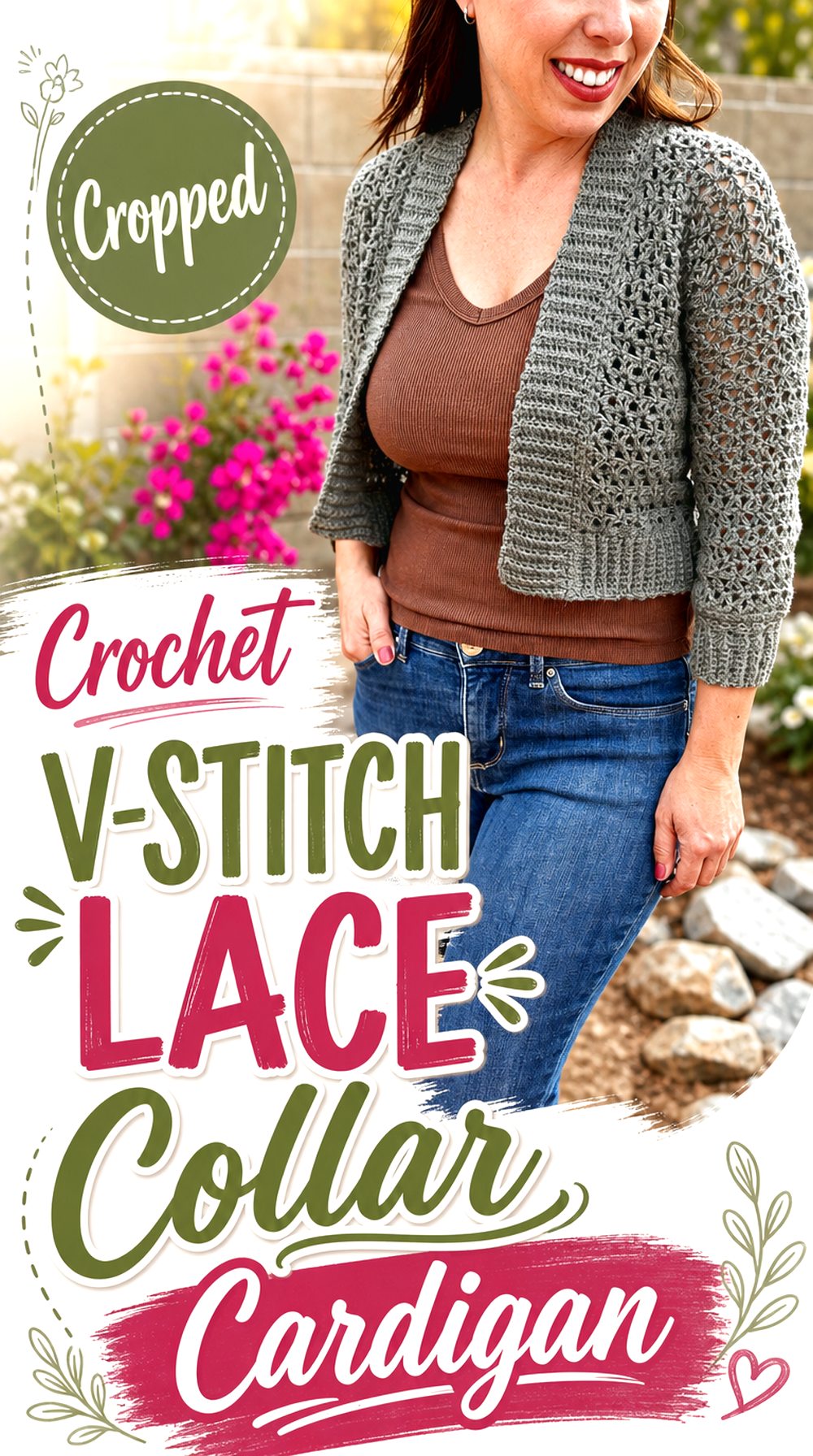 Cropped Crochet V Stitch Lace Collar Cardigan