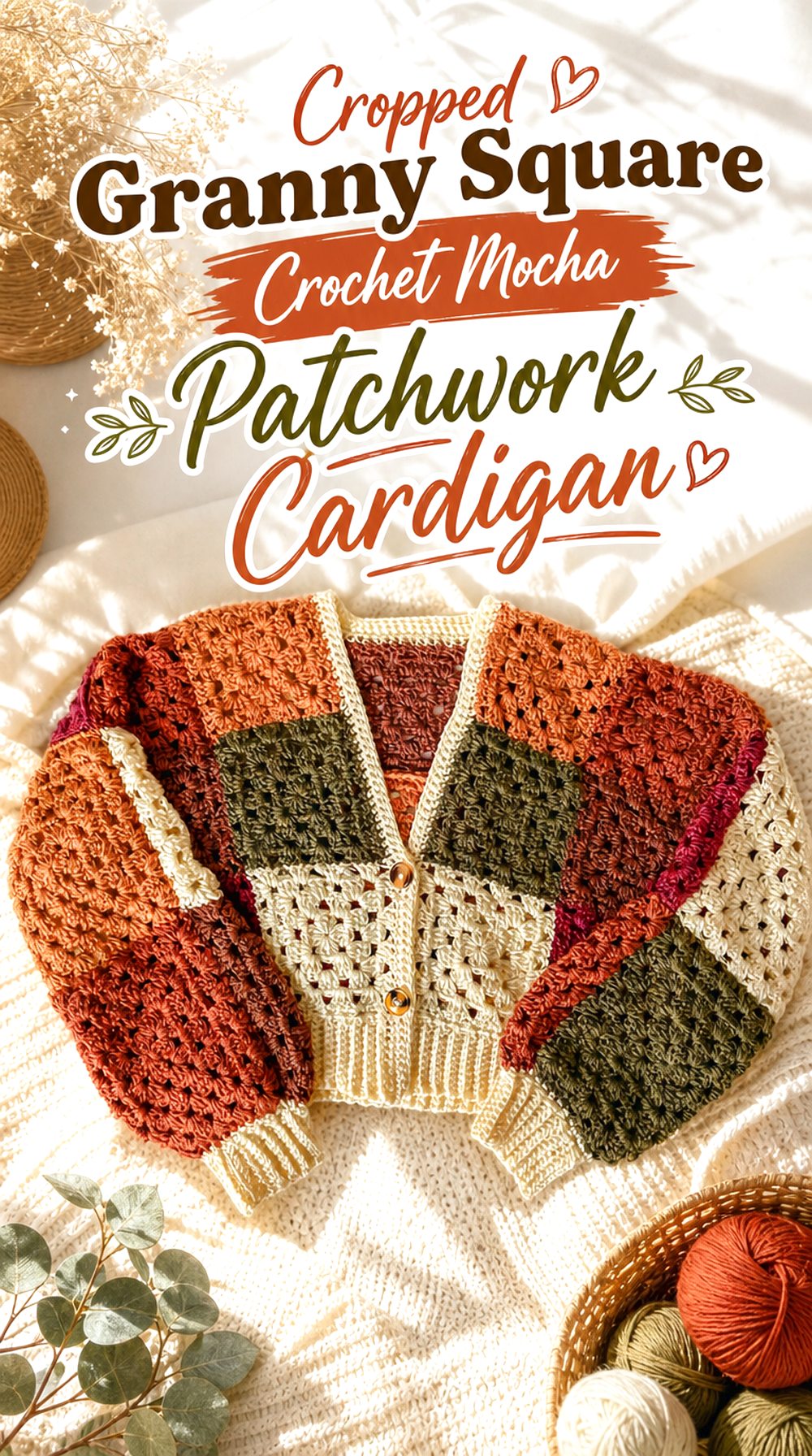 Cropped Granny Square Crochet Mocha Patchwork Cardigan