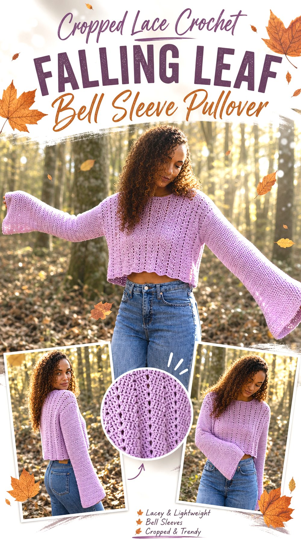 Cropped Lace Crochet Falling Leaf Bell Sleeve Pullover