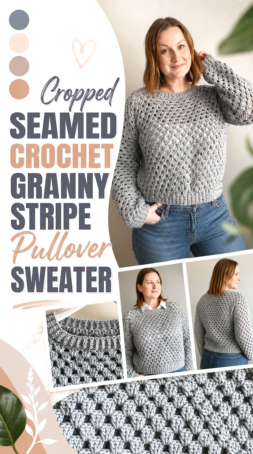 Cropped Seamed Crochet Granny Stripe Pullover Sweater