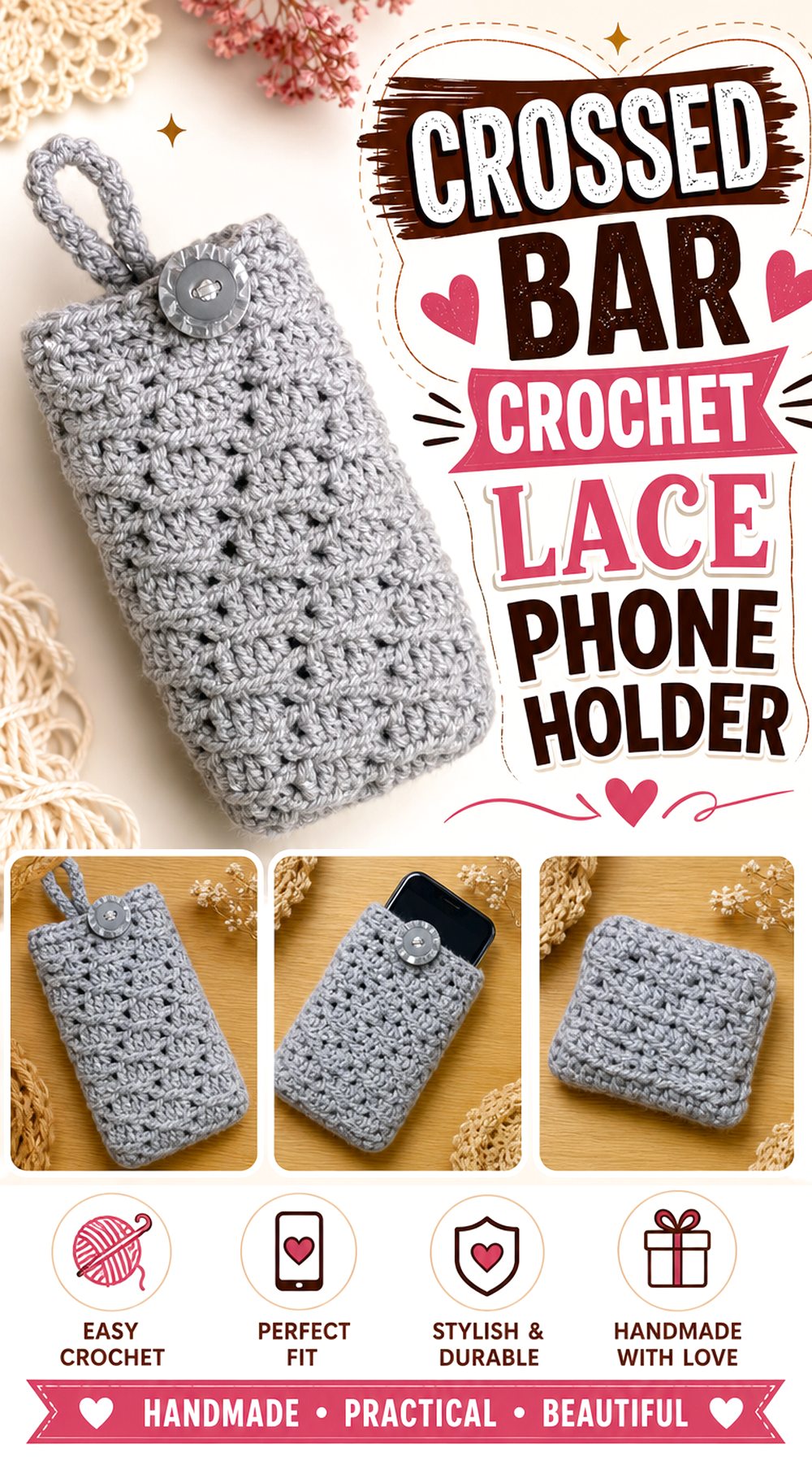 Crossed Bar Crochet Lace Phone Holder