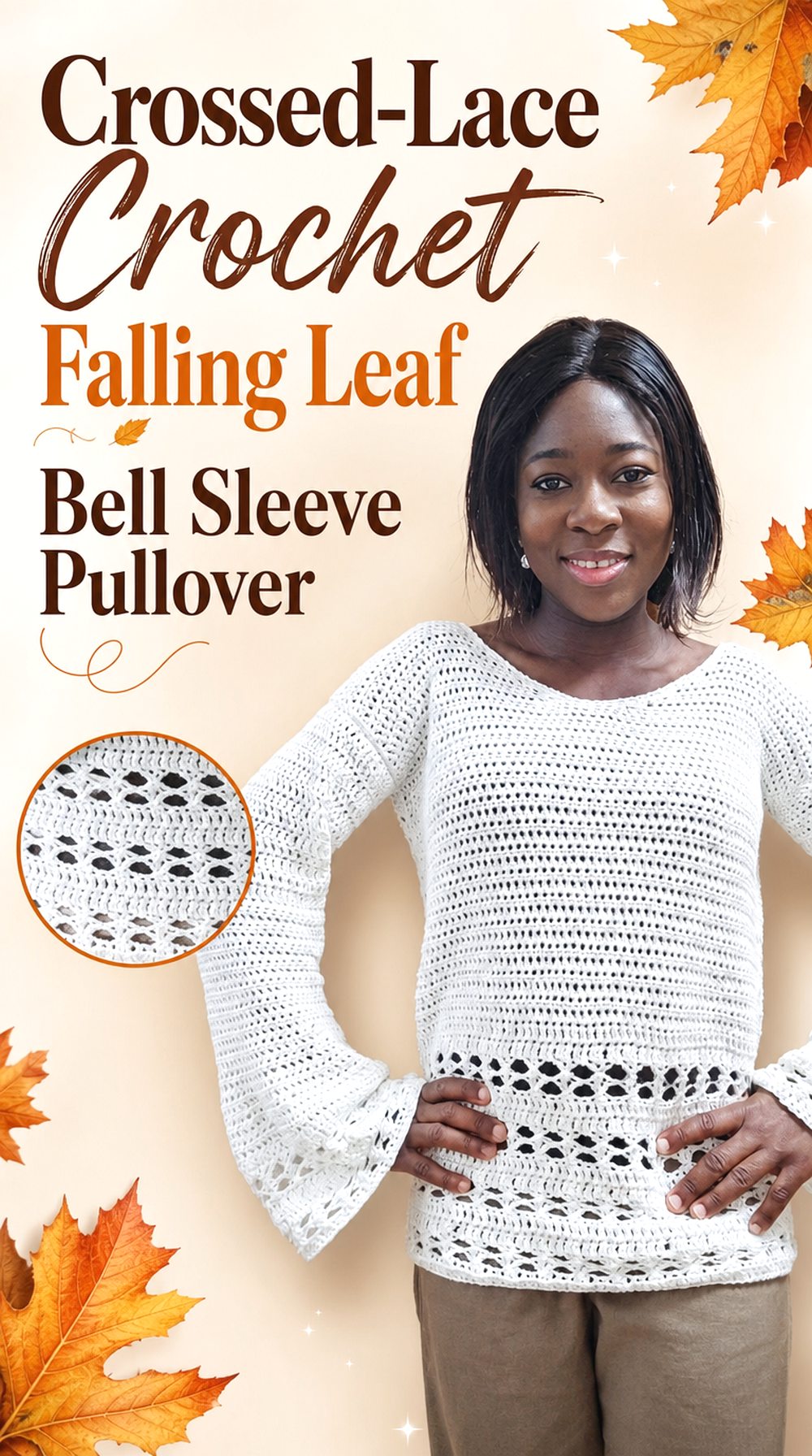 Crossed Lace Crochet Falling Leaf Bell Sleeve Pullover