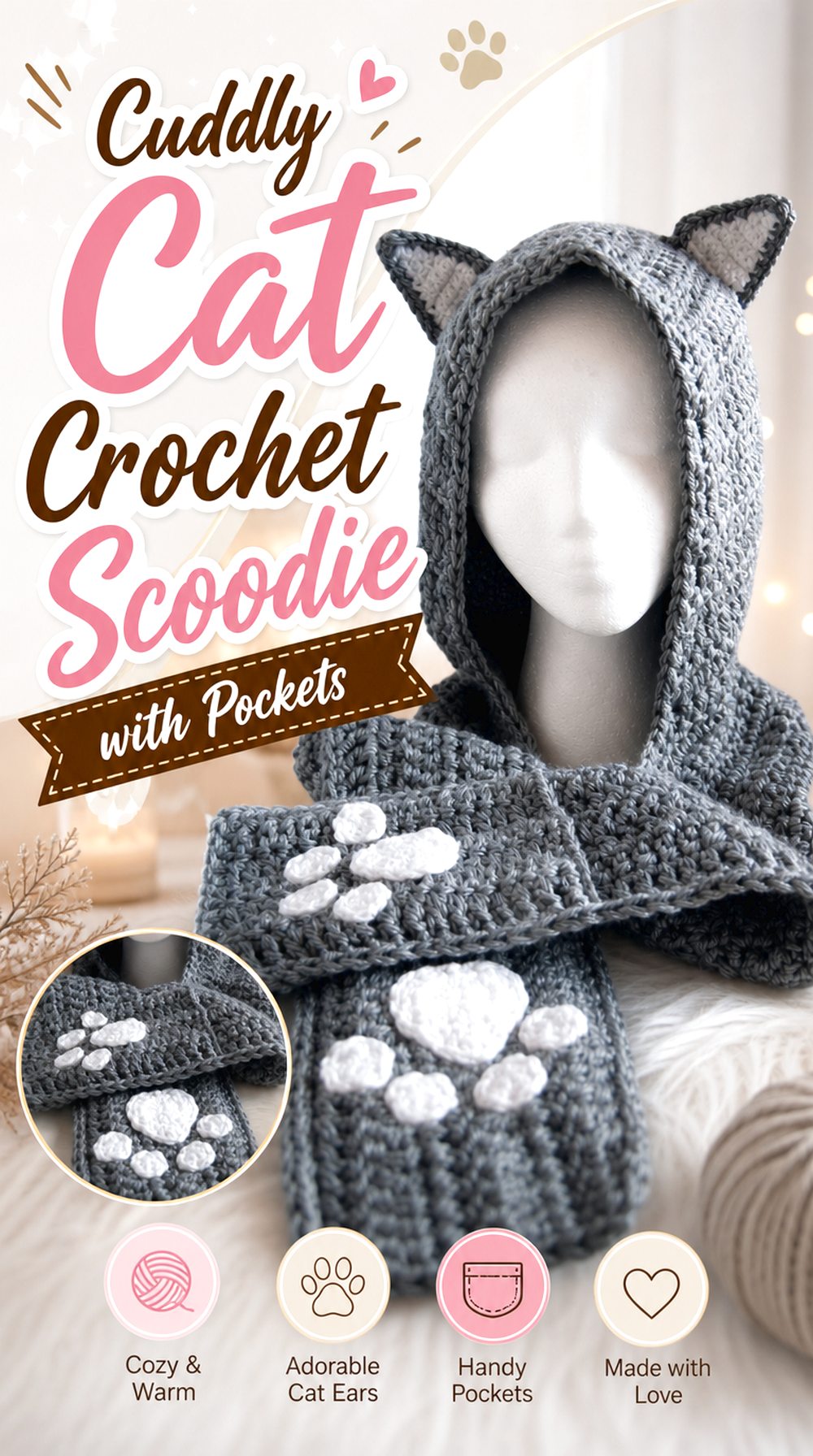 Cuddly Cat Crochet Scoodie with Pockets