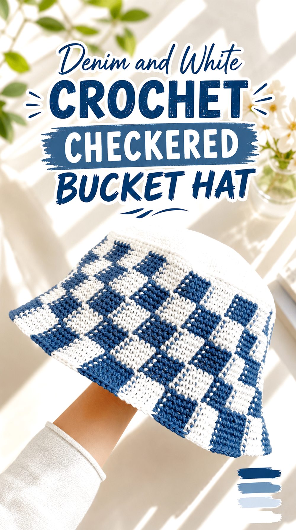 Denim and White Crochet Checkered Bucket Hat