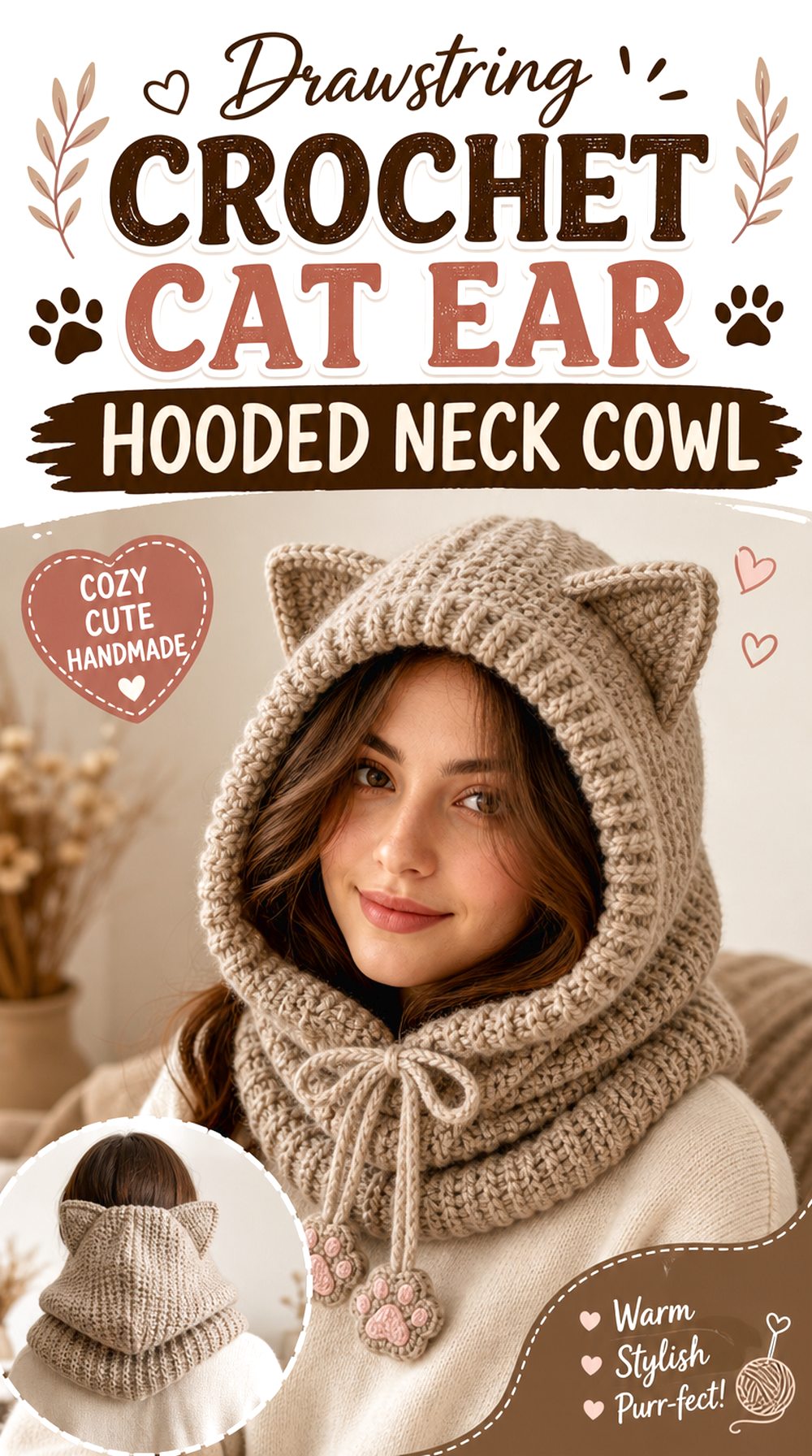 Drawstring Crochet Cat Ear Hooded Neck Cowl