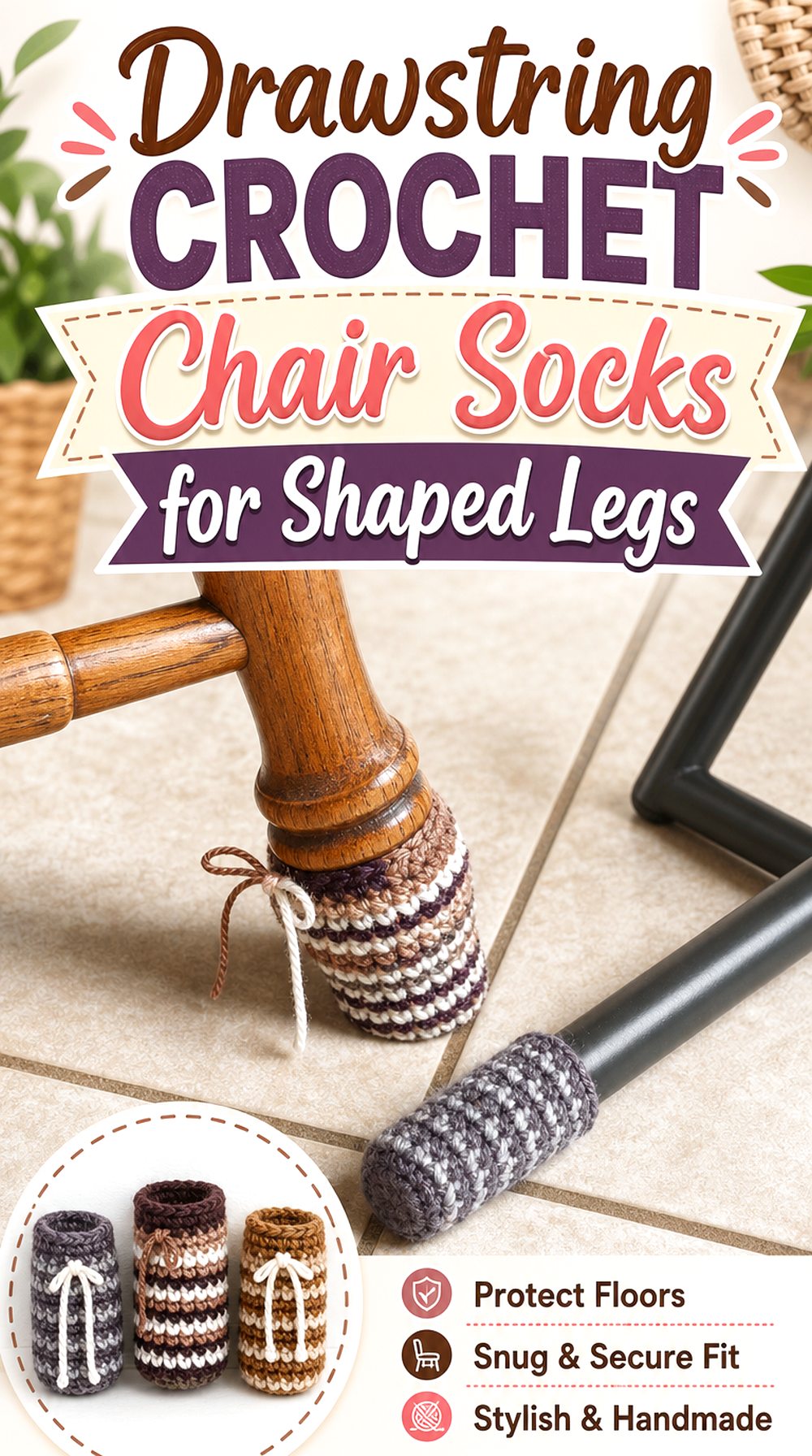 Drawstring Crochet Chair Socks for Shaped Legs